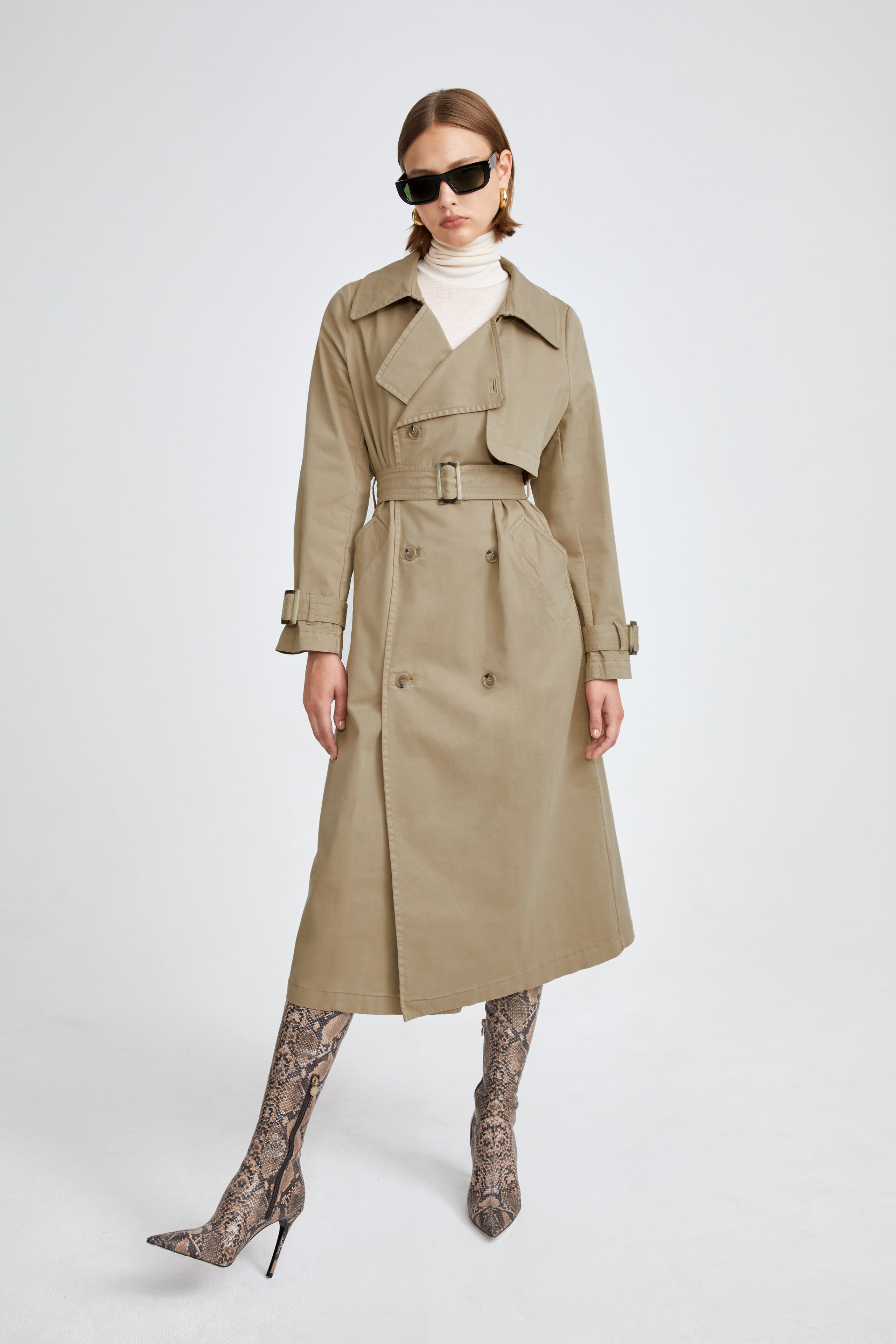 Model is wearing the Harriet Canvas Khaki Long Fabric Trench Front