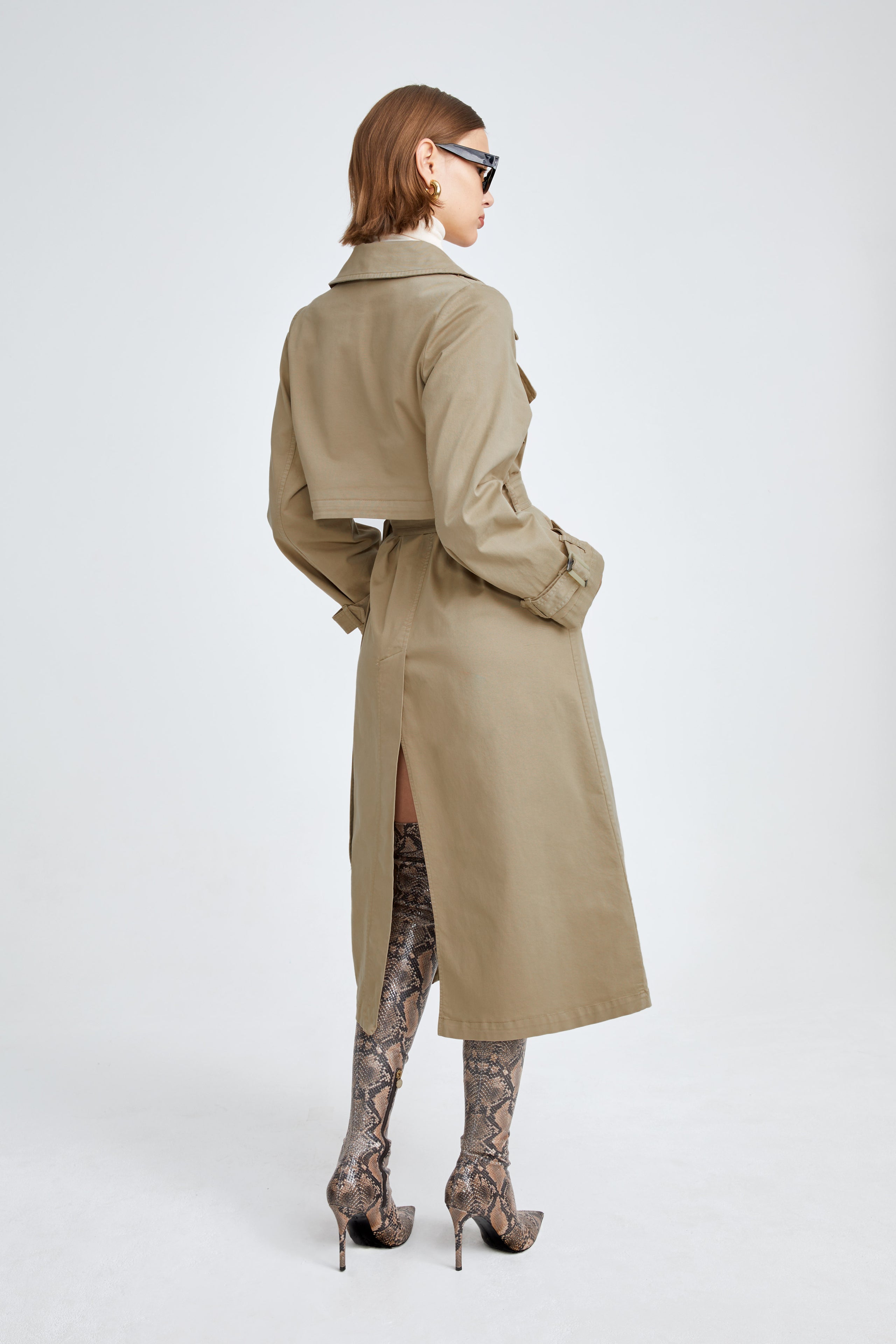 Model is wearing the Harriet Canvas Khaki Long Fabric Trench Back