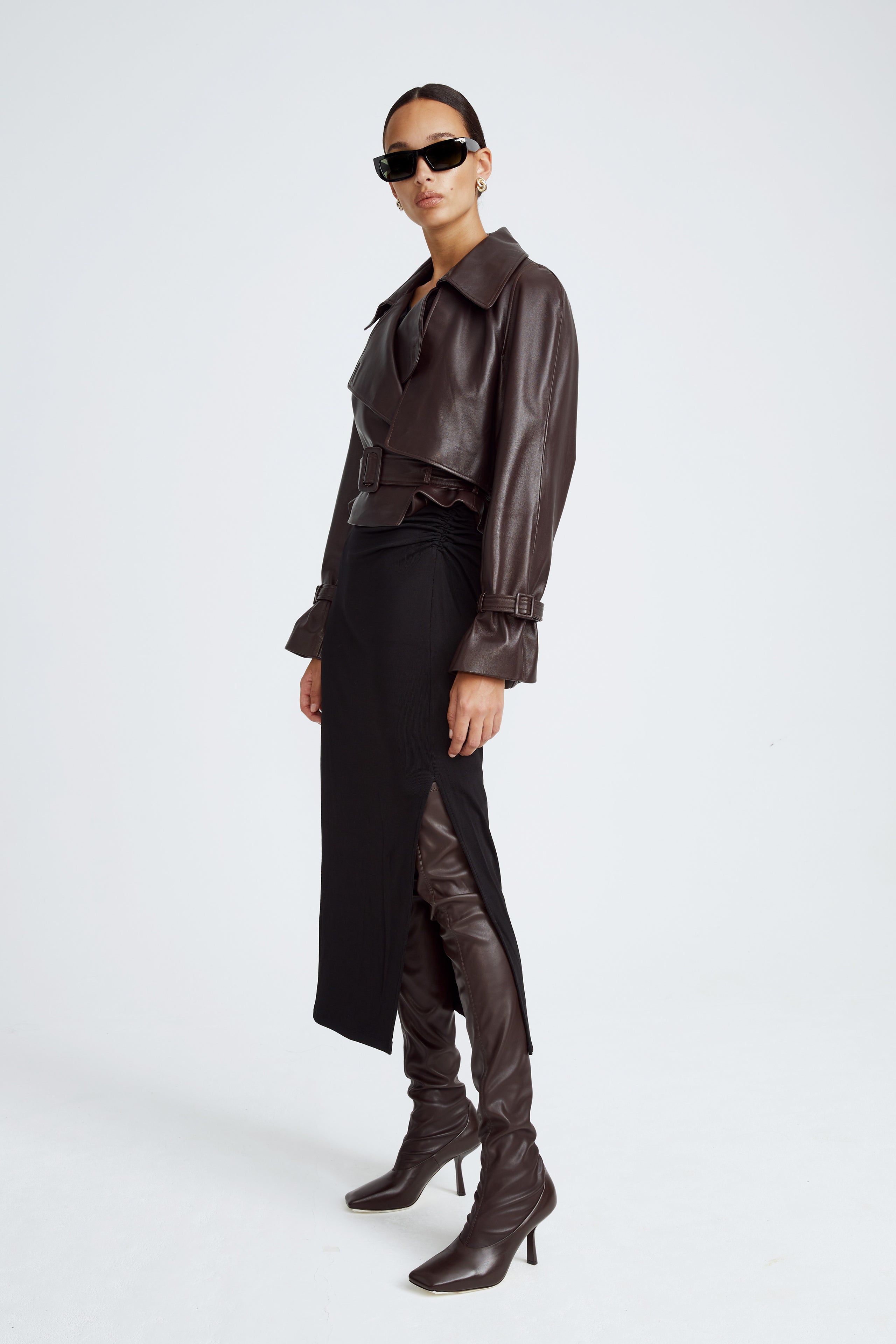 Model is wearing the Hatti Dark Chocolate Cropped Leather Jacket Side