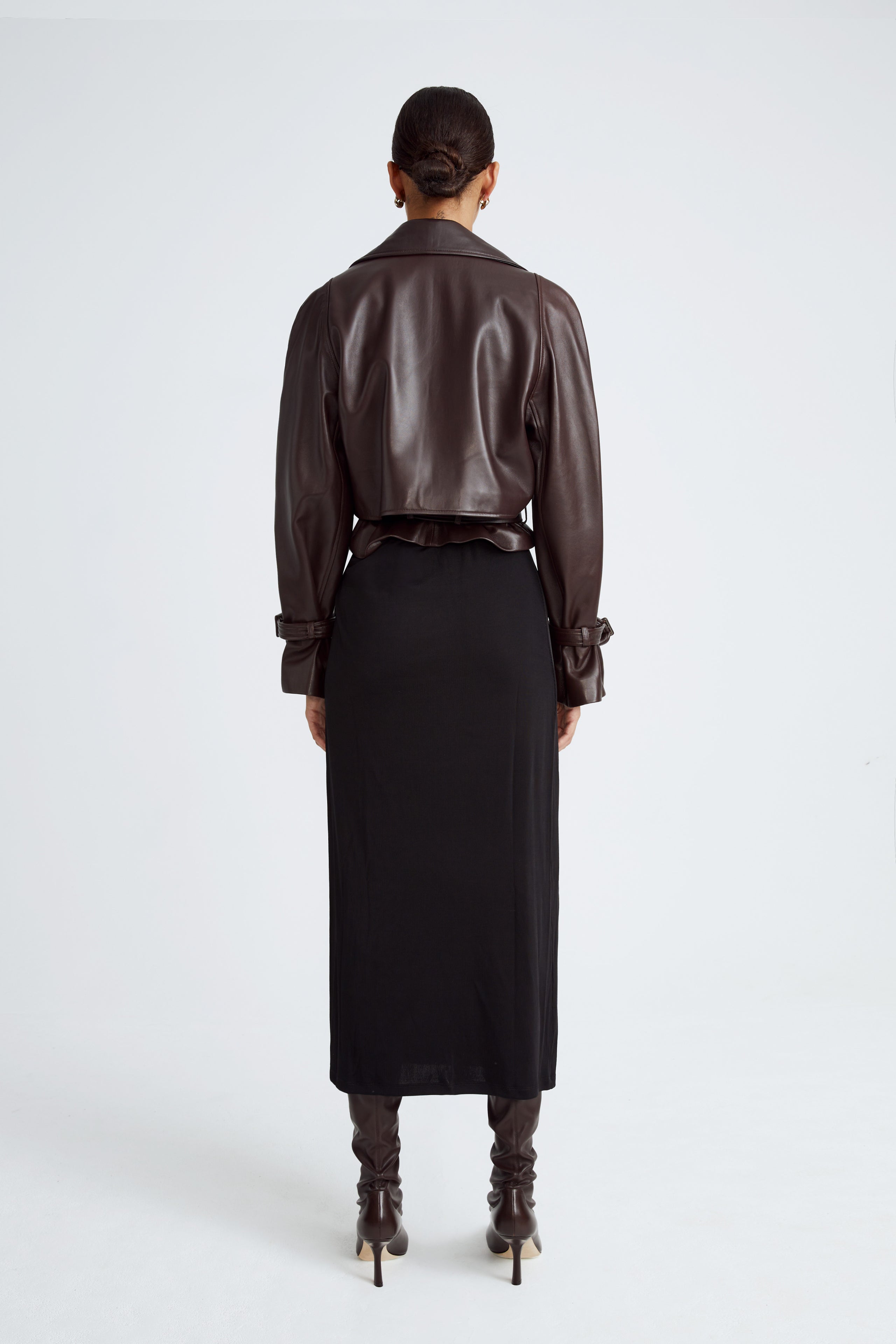 Model is wearing the Hatti Dark Chocolate Cropped Leather Jacket Back