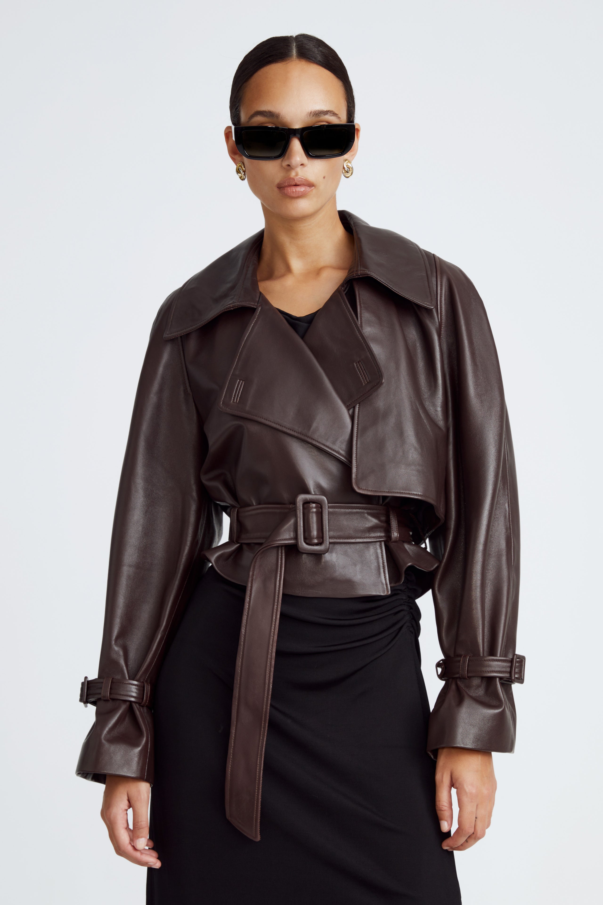 Model is wearing the Hatti Dark Chocolate Cropped Leather Jacket Close Up