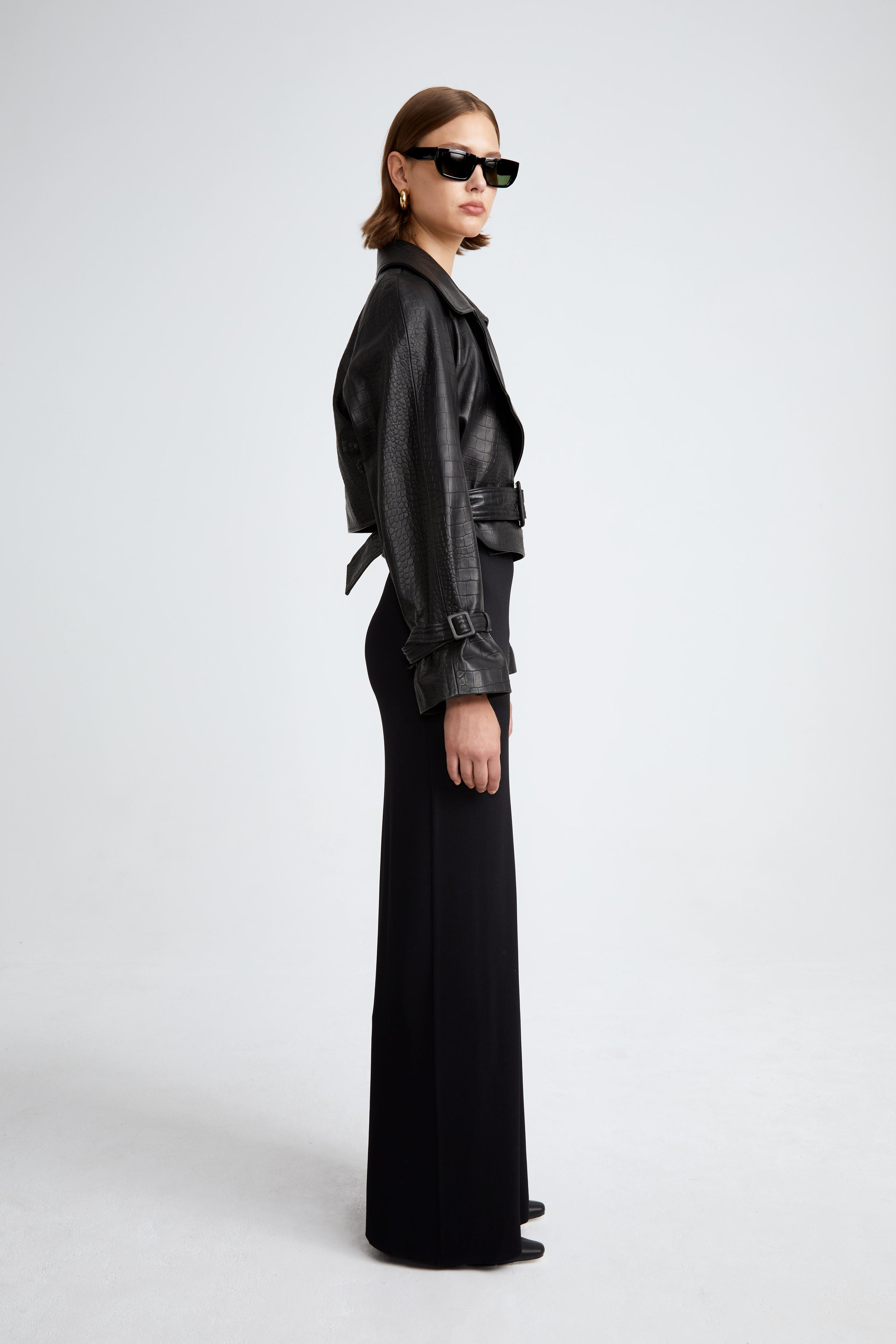 Model is wearing the Hatti Croco Black Cropped Leather Jacket Side