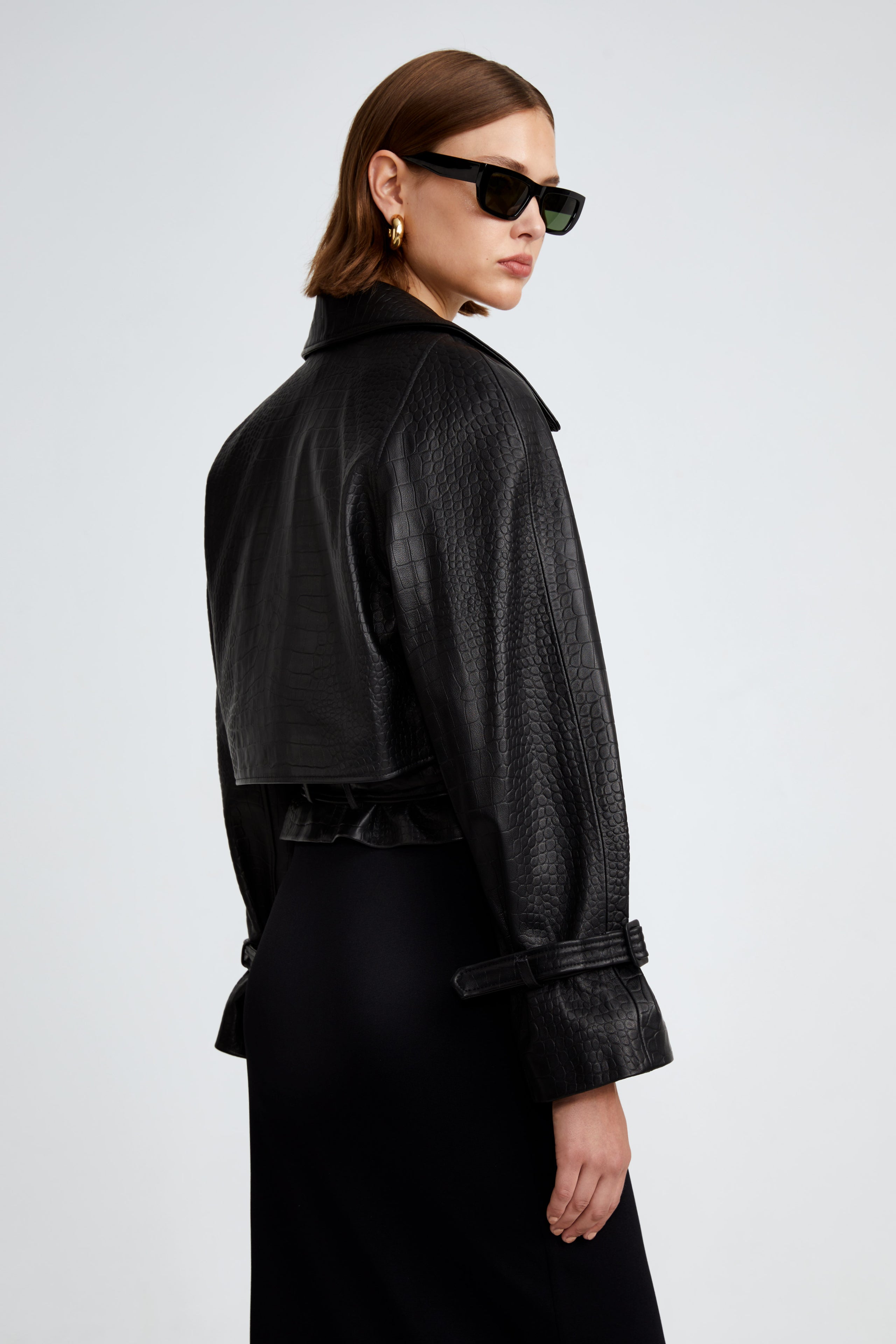 Model is wearing the Hatti Croco Black Cropped Leather Jacket Back