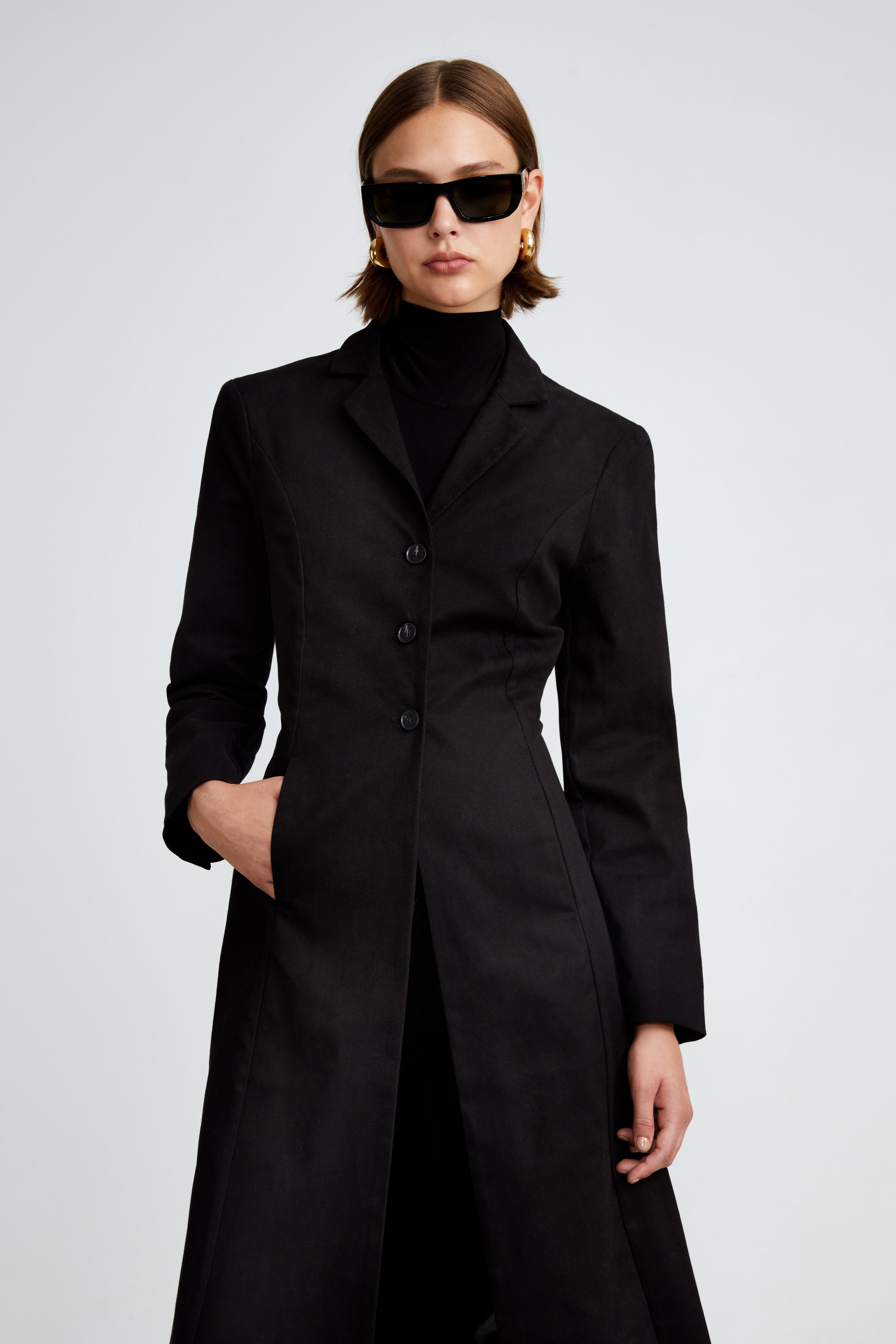 Model is wearing the Lydia Black Ladylike Denim Coat Close Up