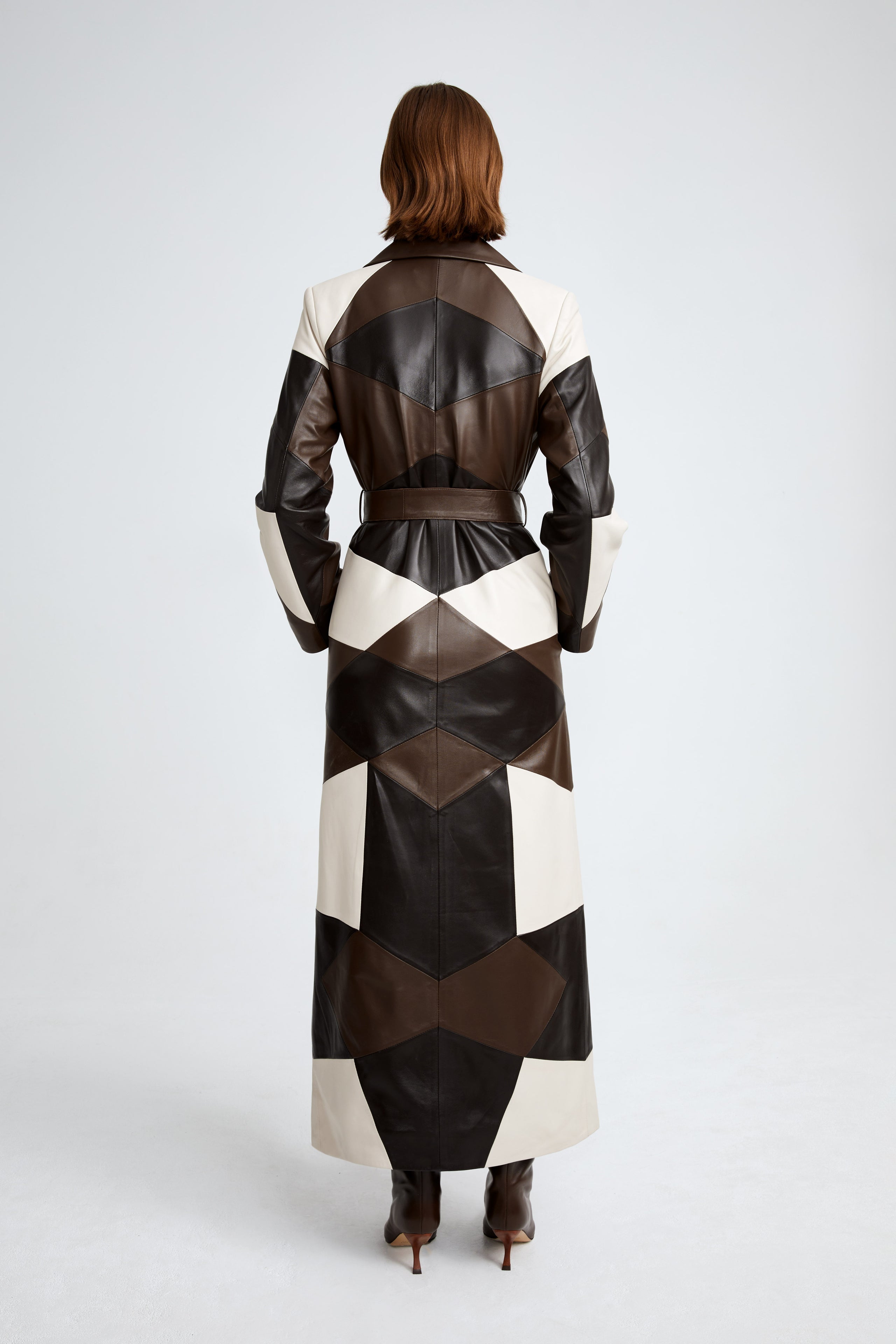 Model is wearing the Sonja Cocoa Vanilla Brown Patchwork Leather Trench Back