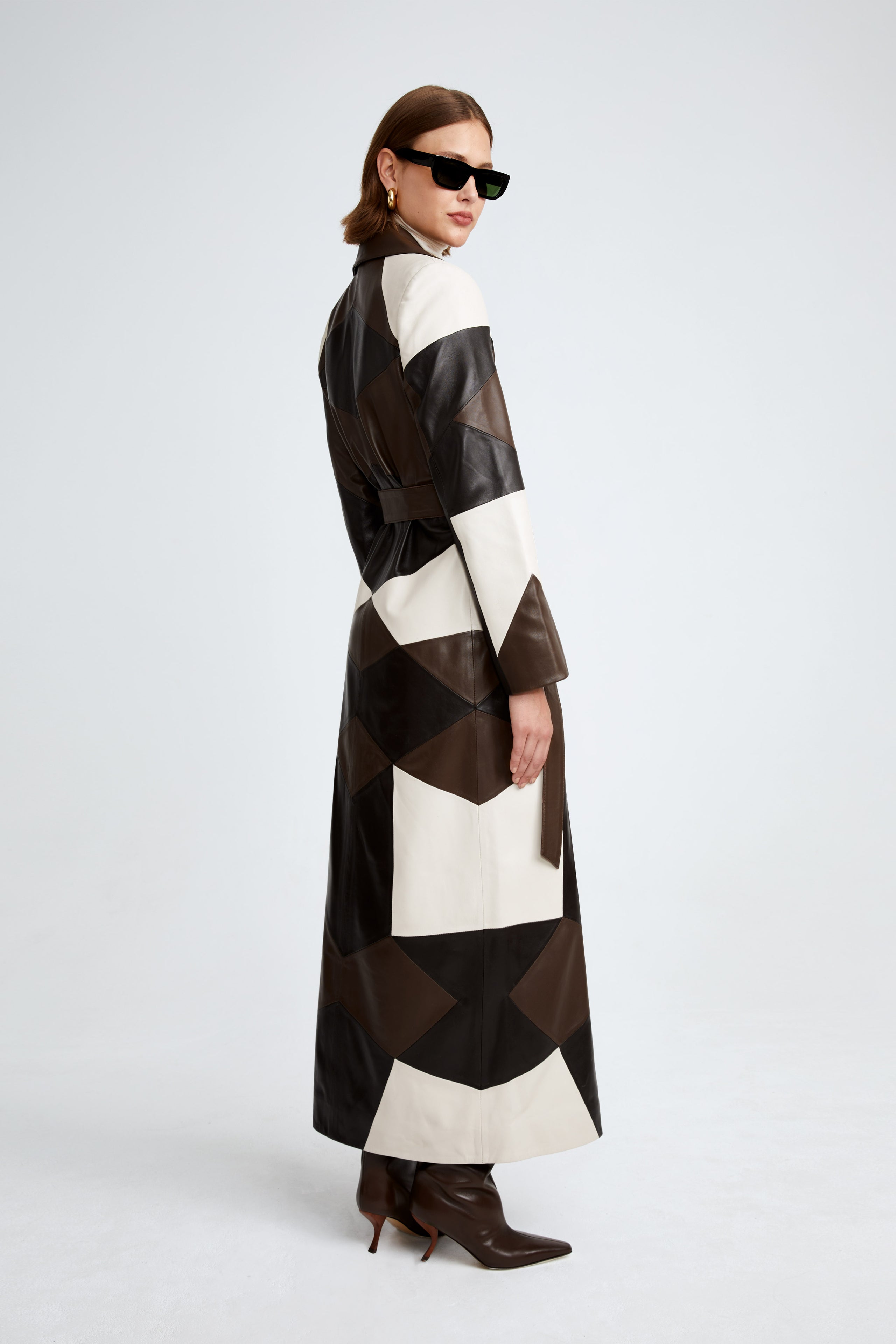 Model is wearing the Sonja Cocoa Vanilla Brown Patchwork Leather Trench Side