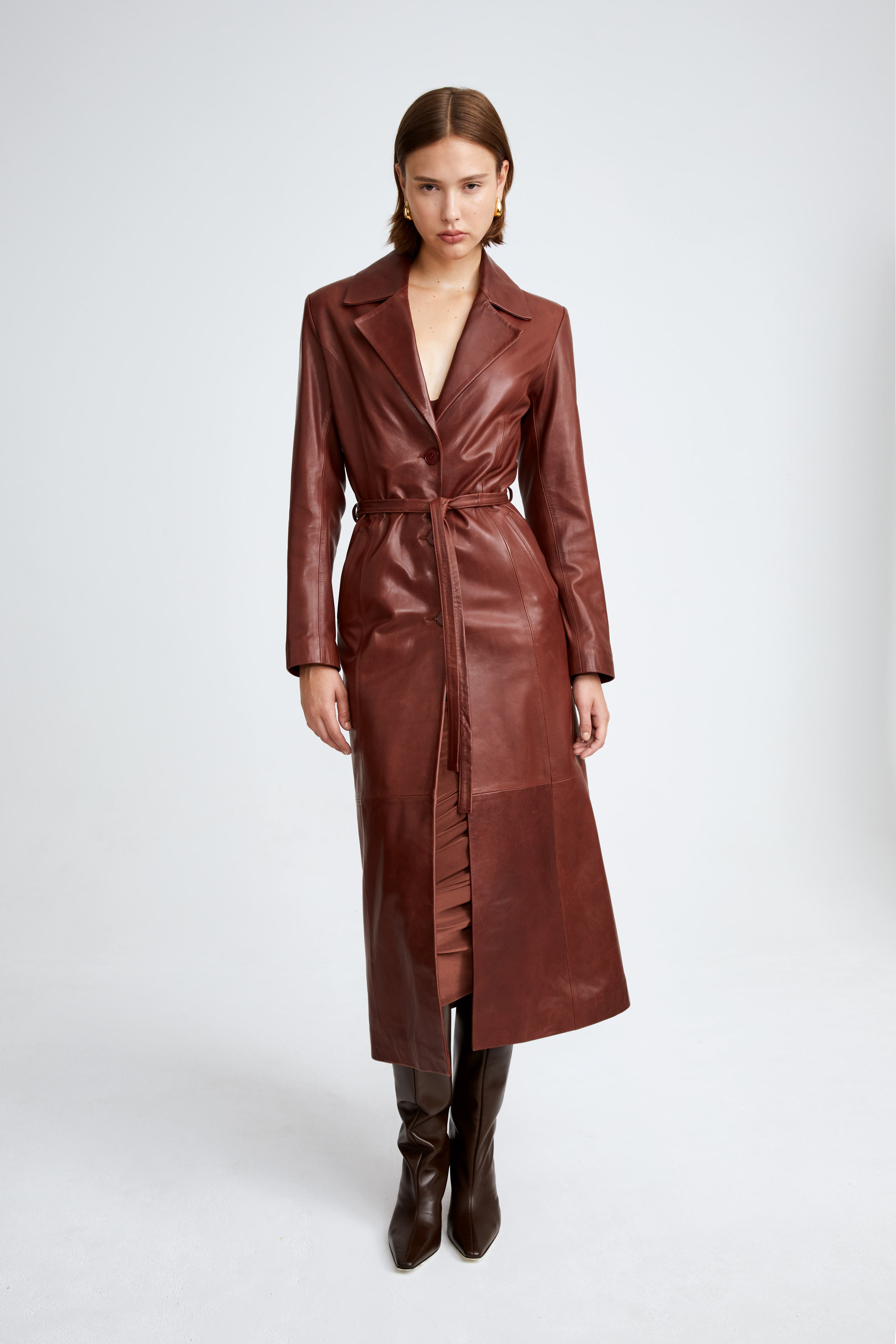 Model is wearing Nour Hammour's Tamara Dark Cherry ladylike coat - Front