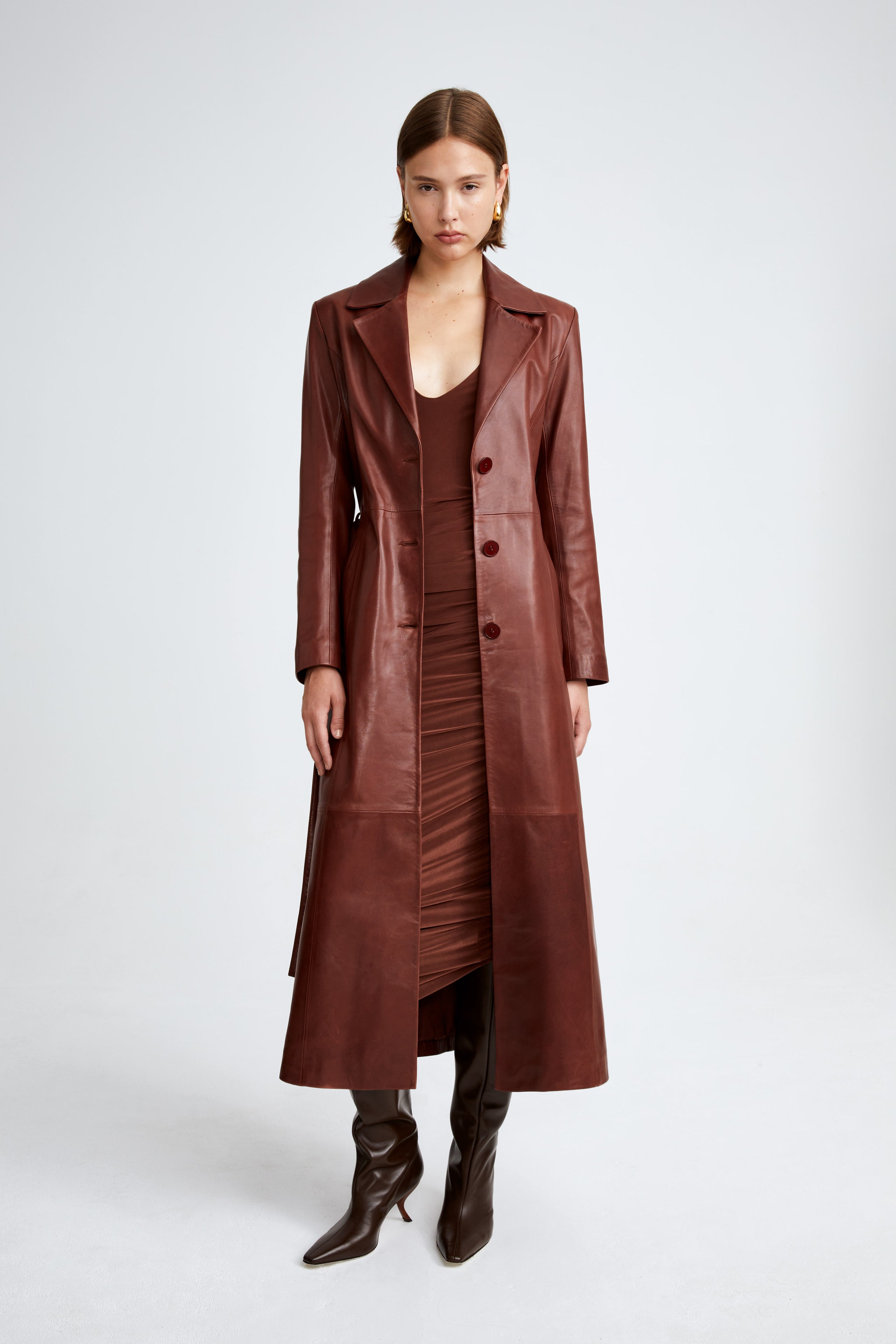 Model is wearing the Tamara Dark Cherry Belted Ladylike Coat Front