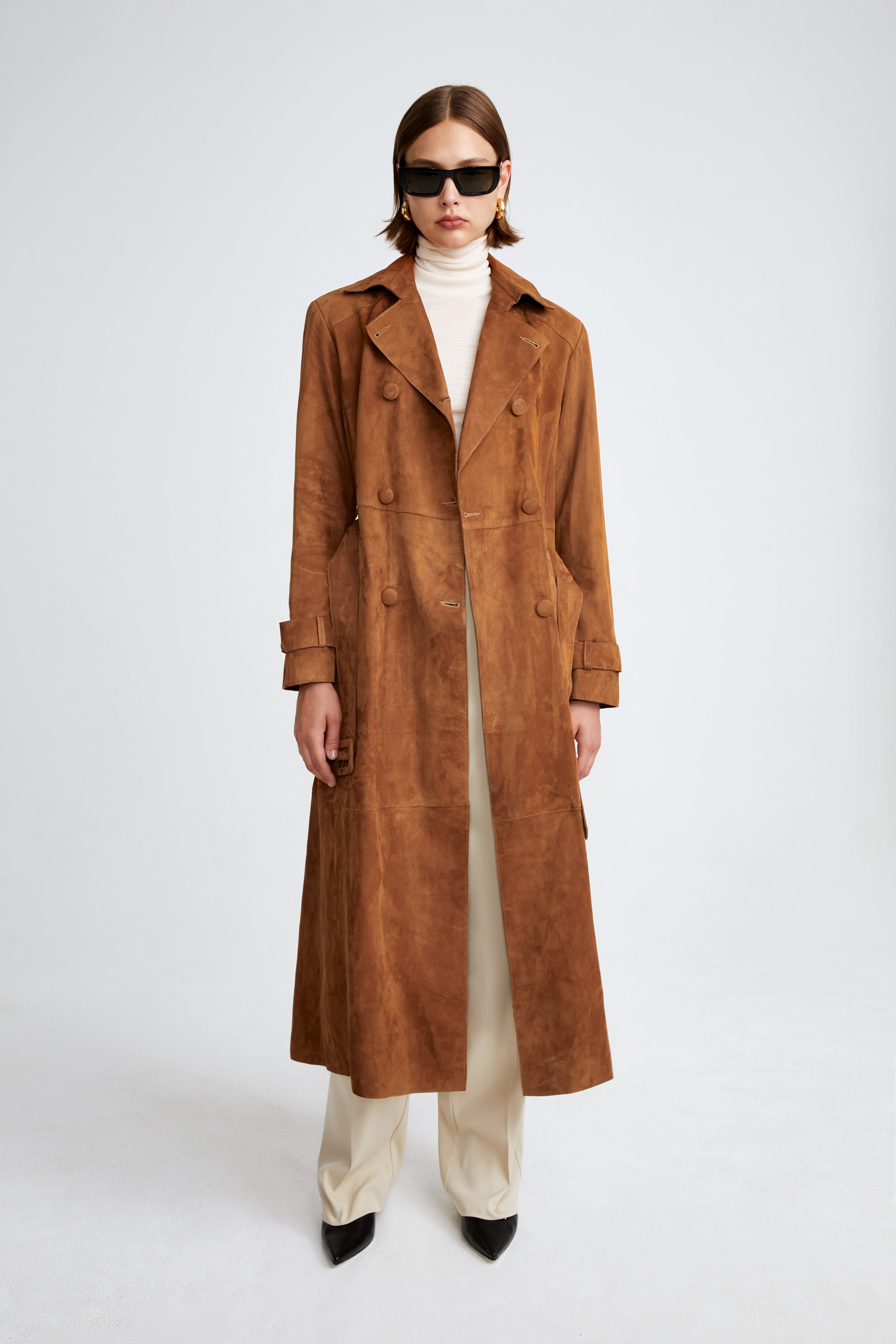 Model is wearing the Tate Caramel Everyday Suede Trench Coat Front