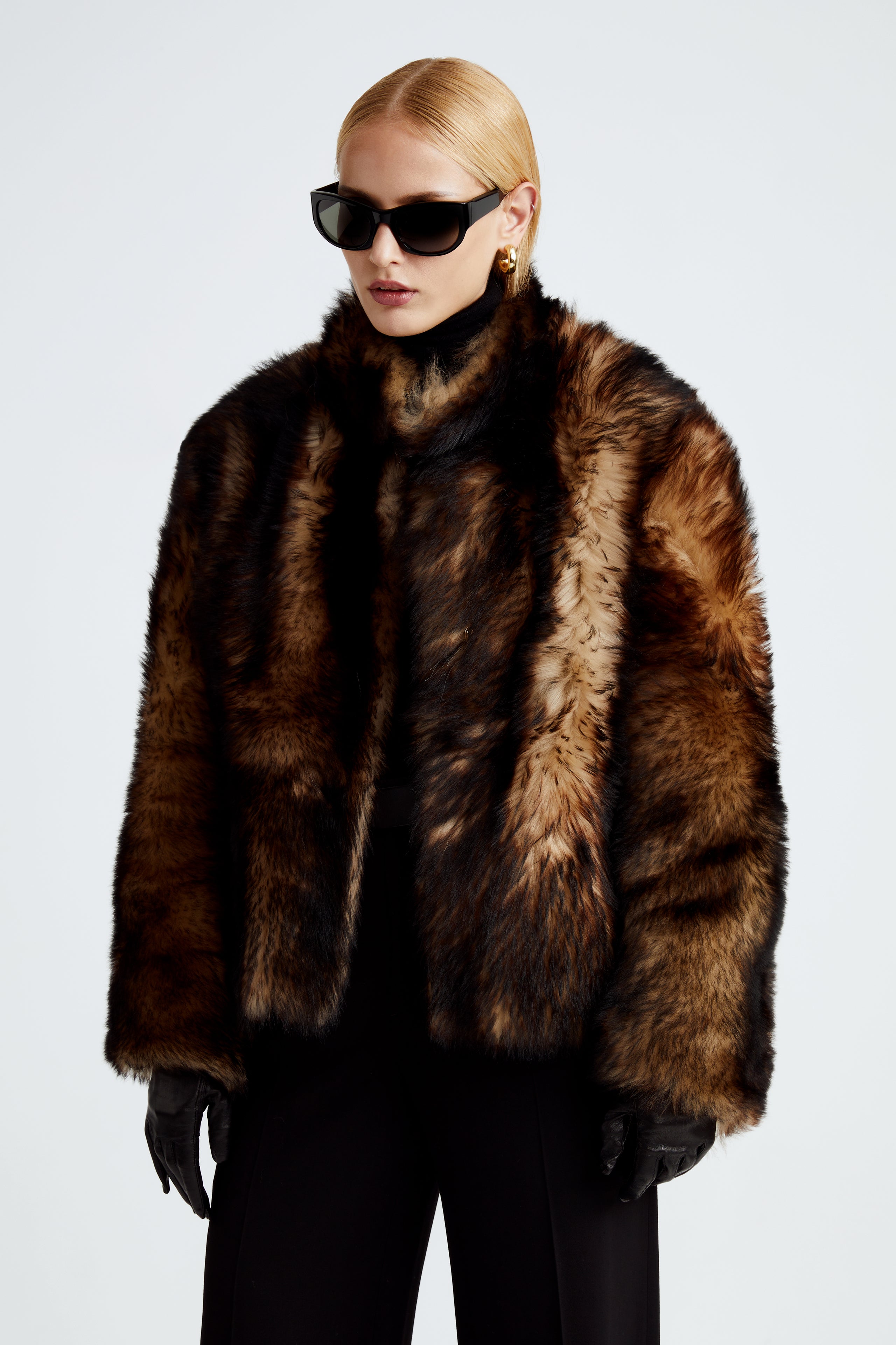Model is wearing the Reina Wild Brown Luxurious Shearling Jacket Close Up