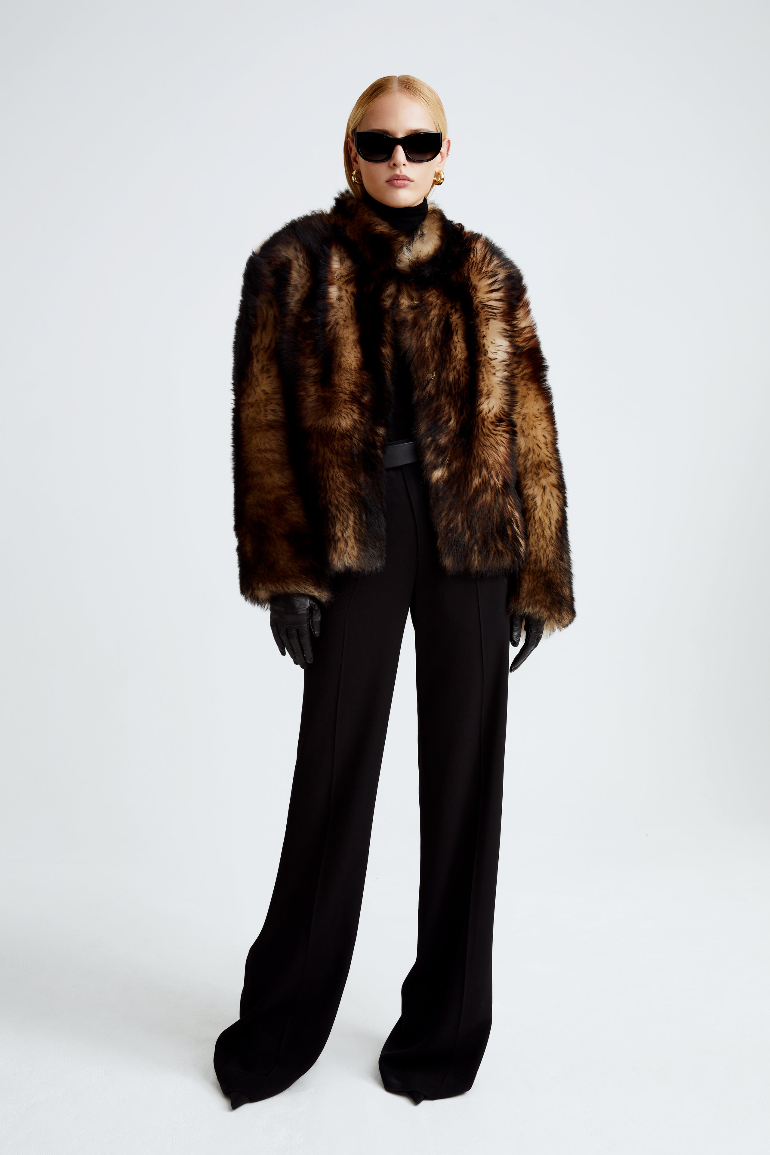 Model is wearing the Reina Wild Brown Luxurious Shearling Jacket Front