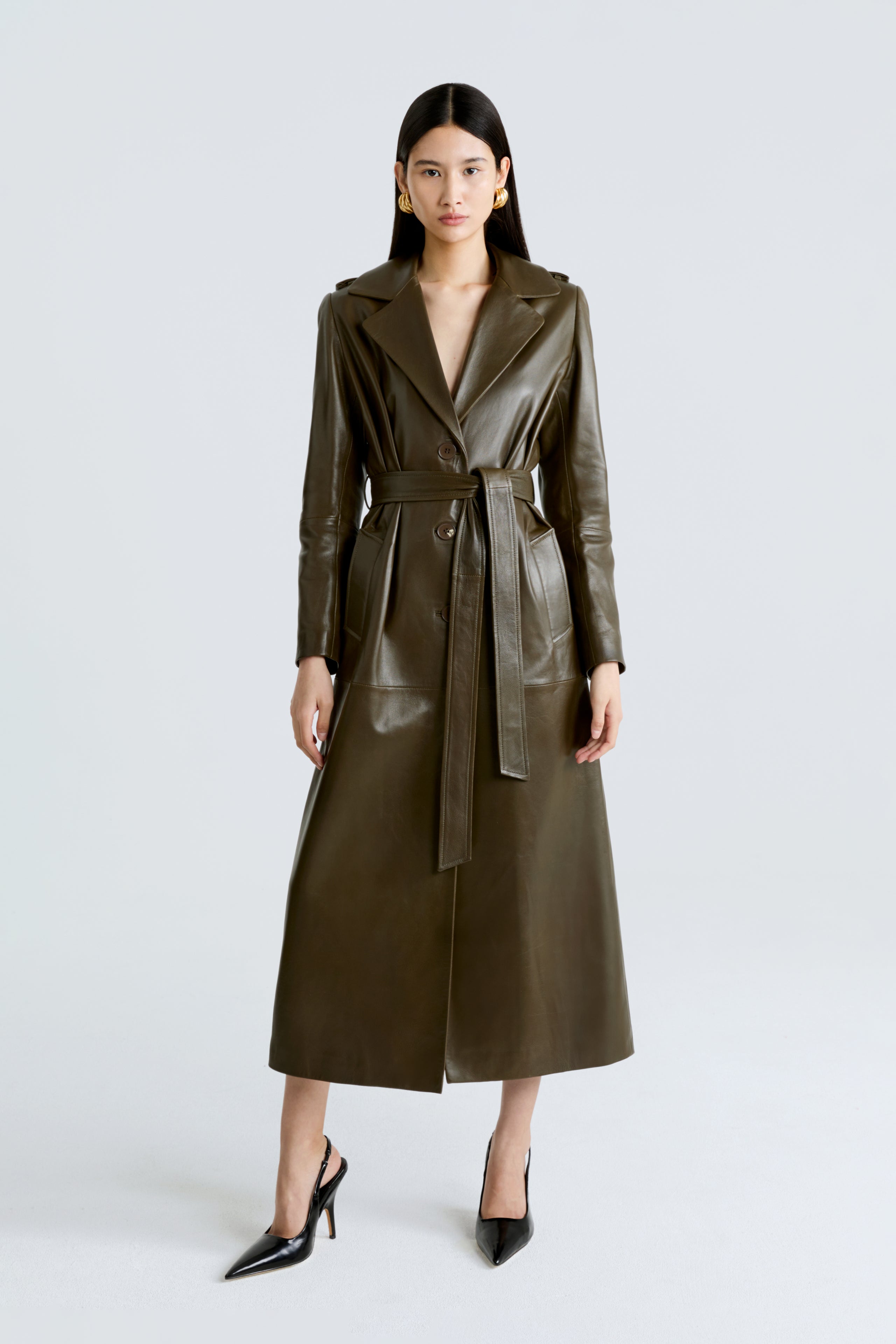 Model is wearing the Scarlett Zeytoun Belted Leather Coat Front