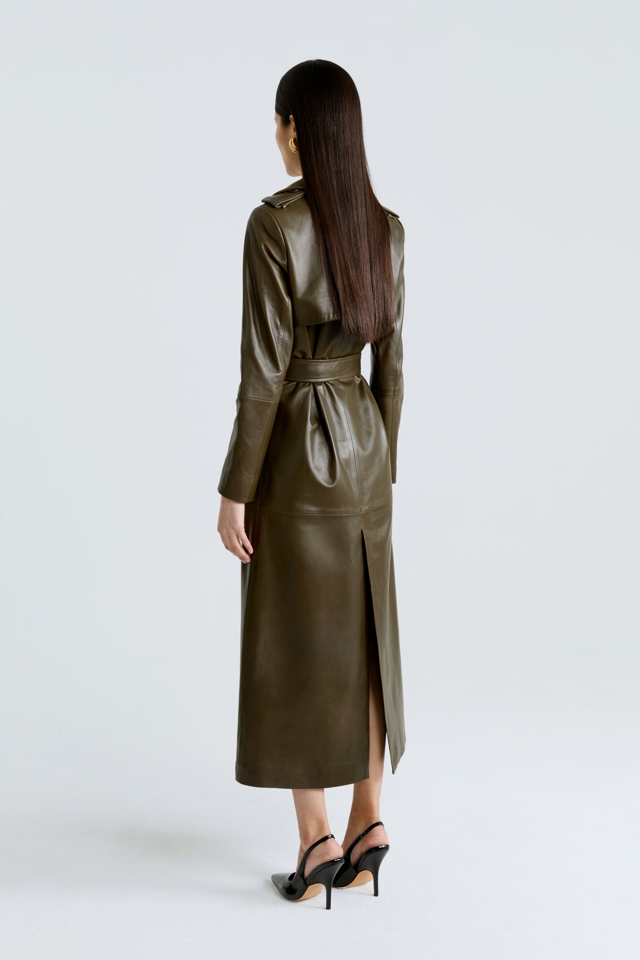 Model is wearing the Scarlett Zeytoun Belted Leather Coat Back