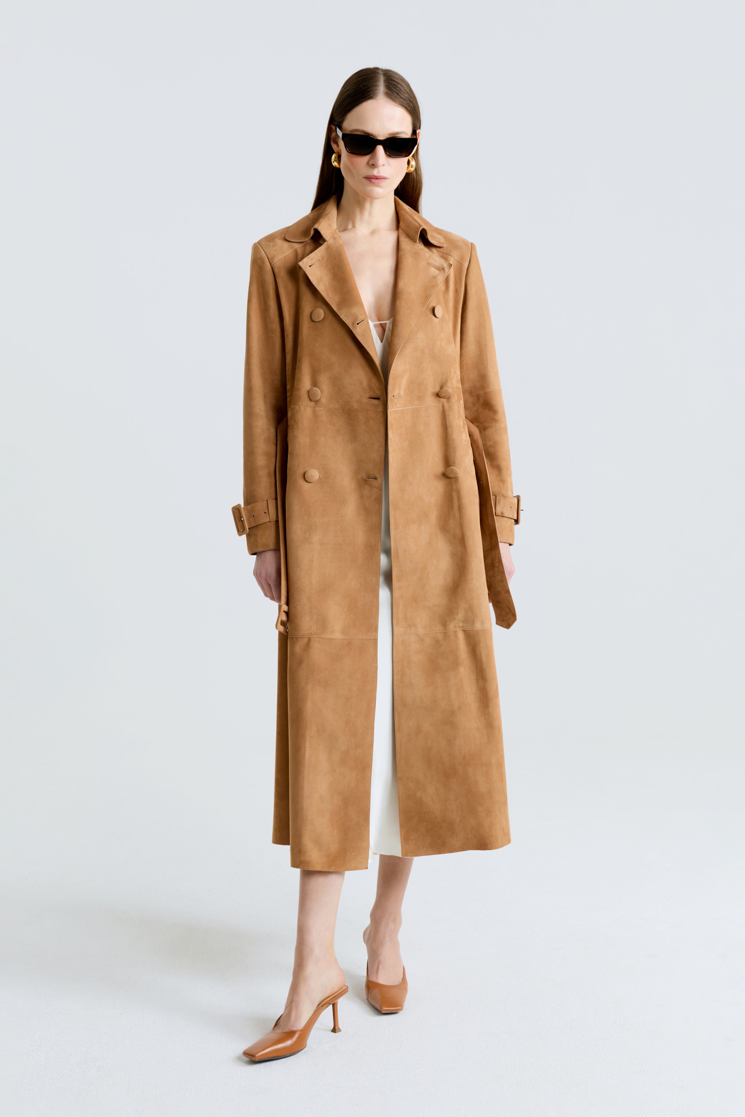 Model is wearing the Tate Beige Everyday Suede Trench Coat Front