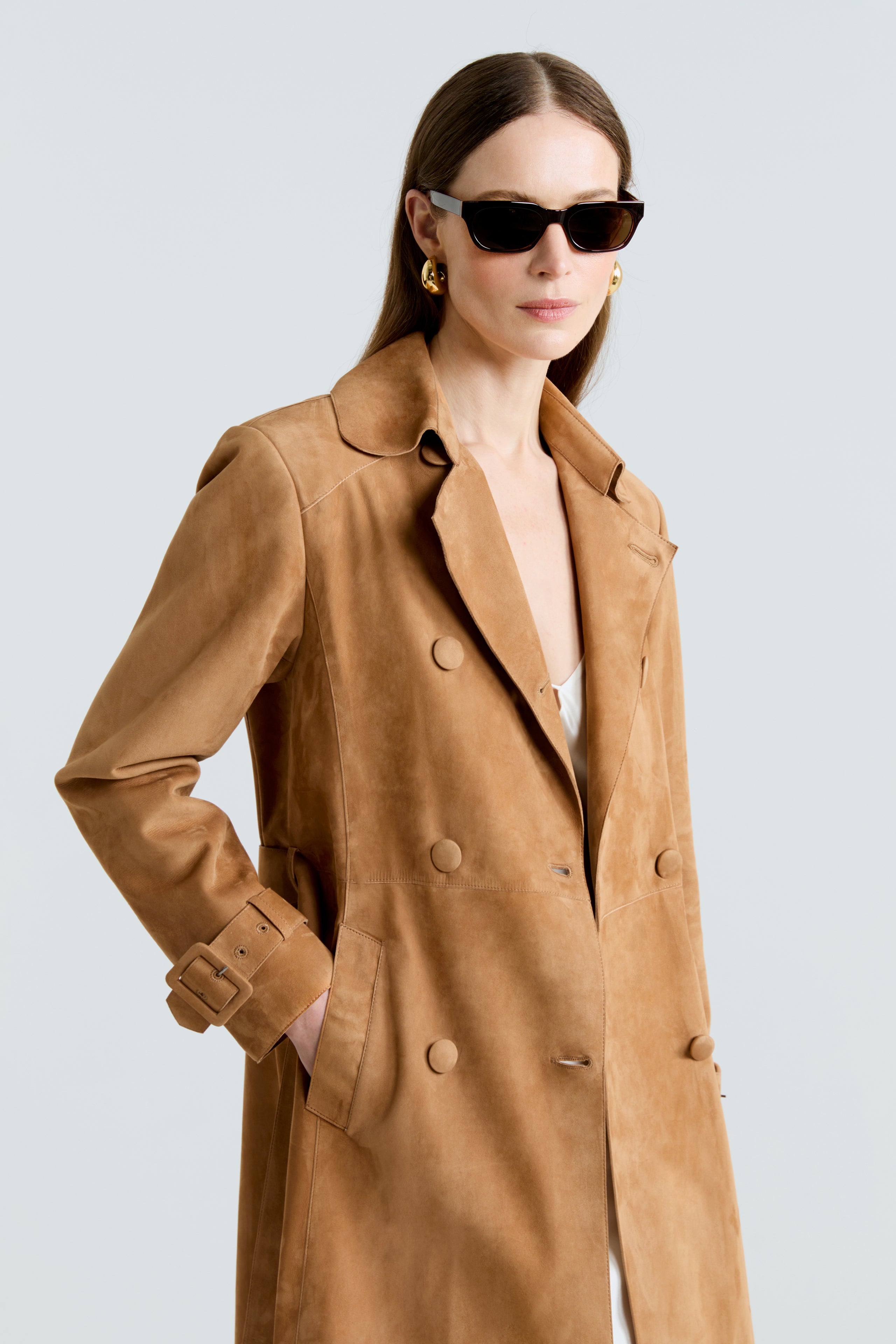 Model is wearing the Tate Beige Everyday Suede Trench Coat Close Up