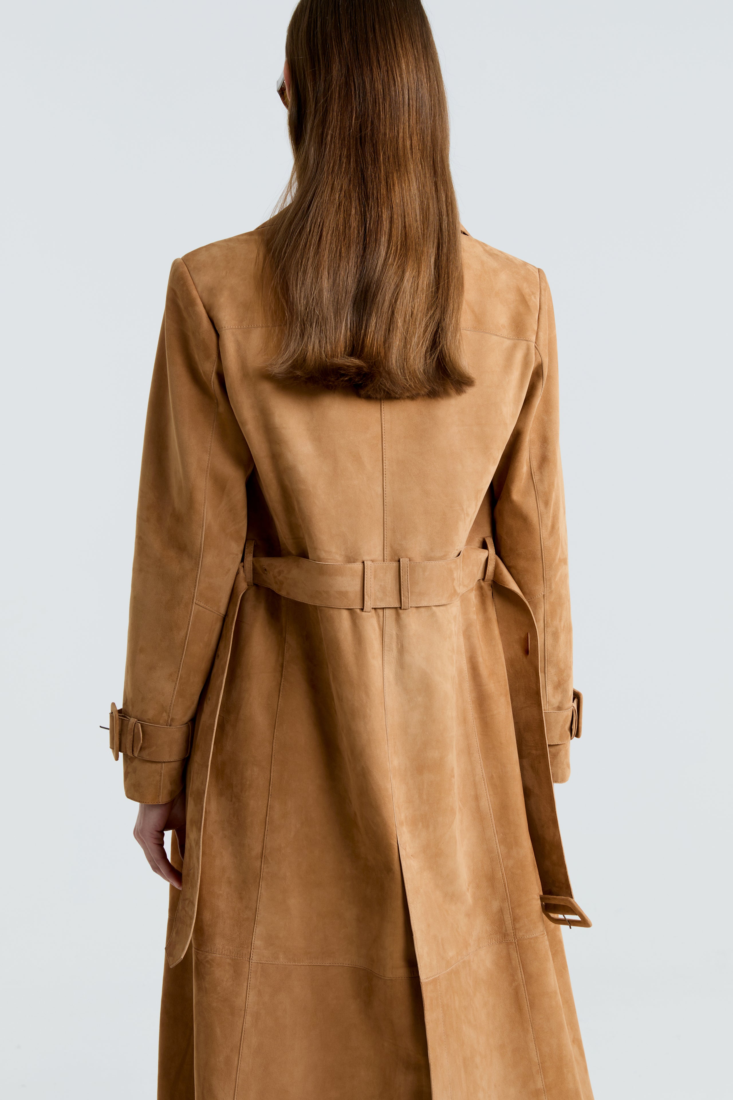 Model is wearing the Tate Beige Everyday Suede Trench Coat Close Up