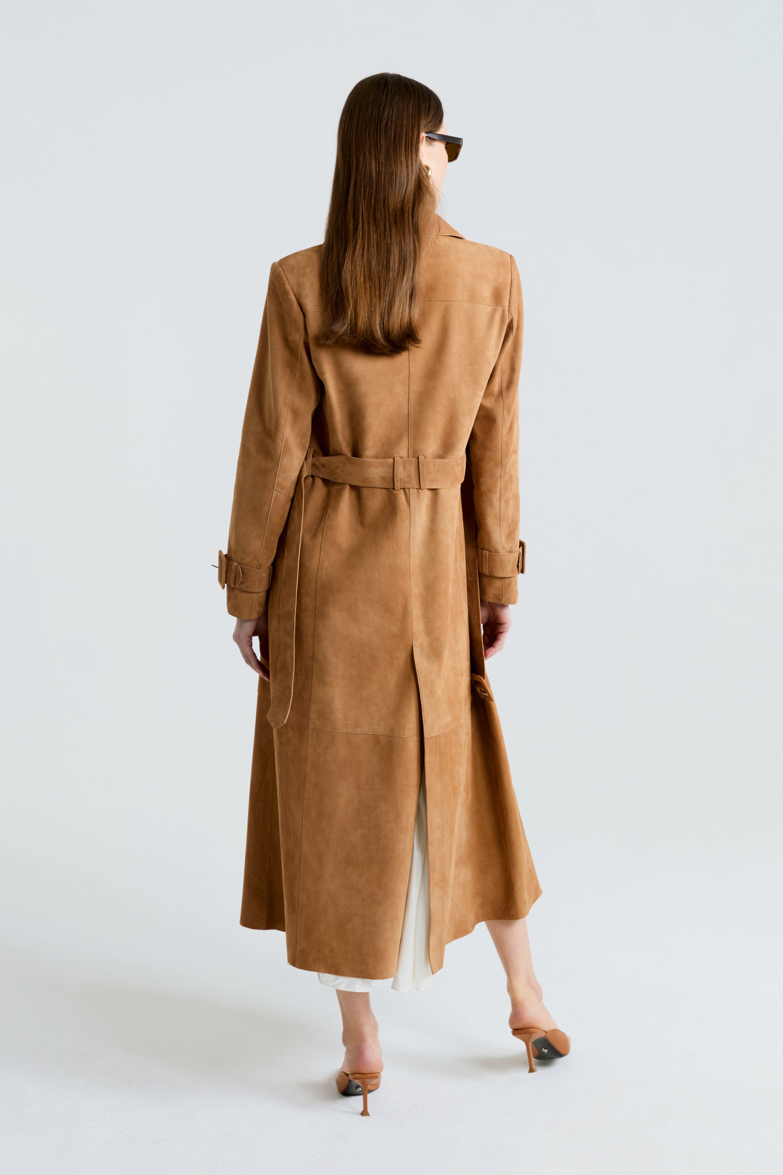 Model is wearing the Tate Beige Everyday Suede Trench Coat Back