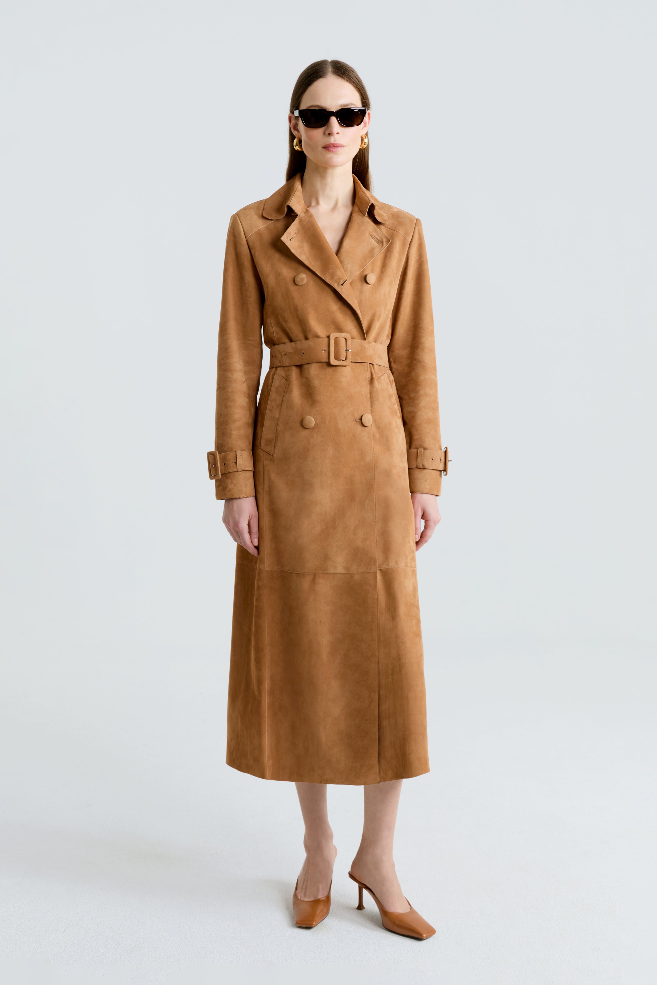 Model is wearing the Tate Beige Everyday Suede Trench Coat Front