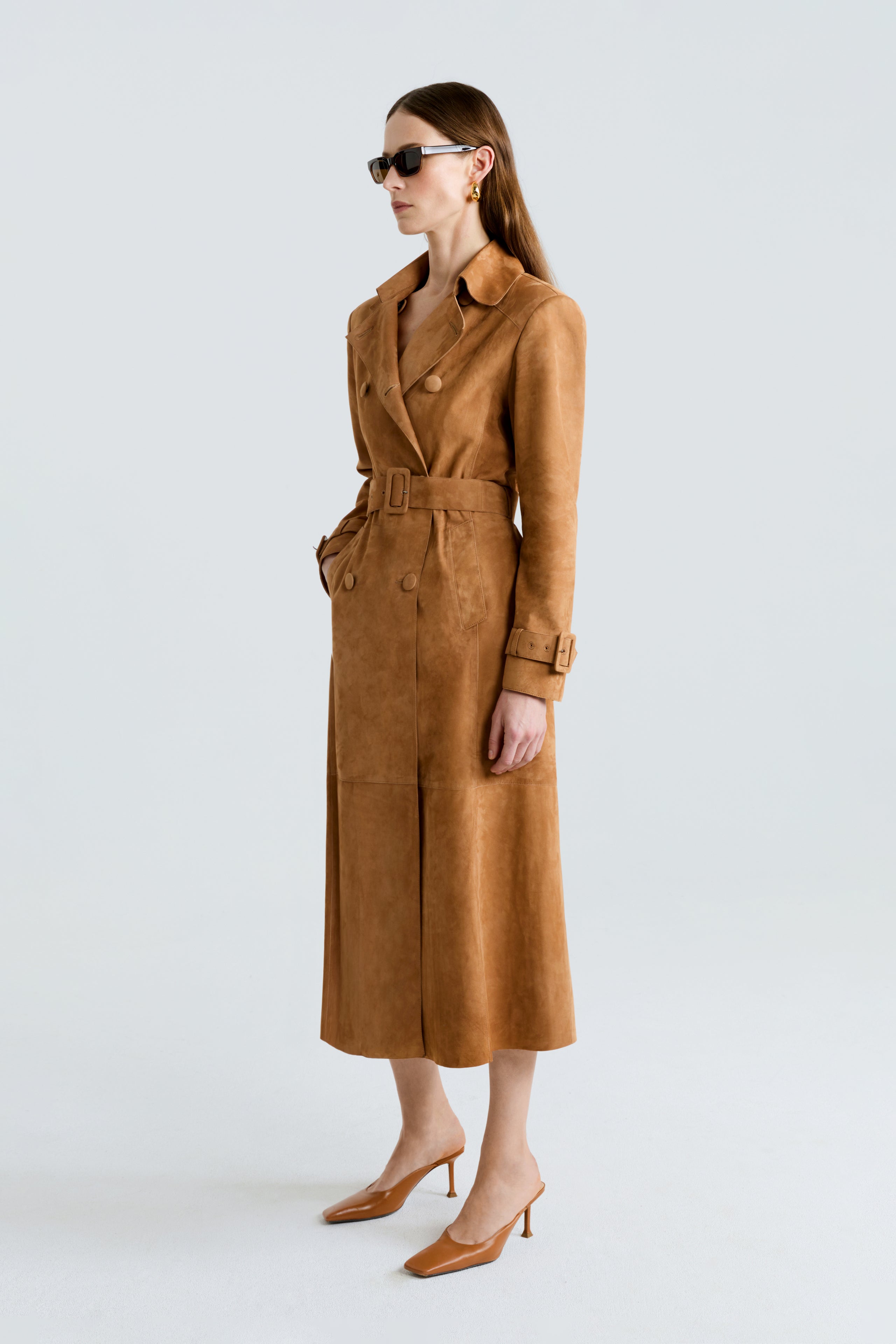 Model is wearing the Tate Beige Everyday Suede Trench Coat Side