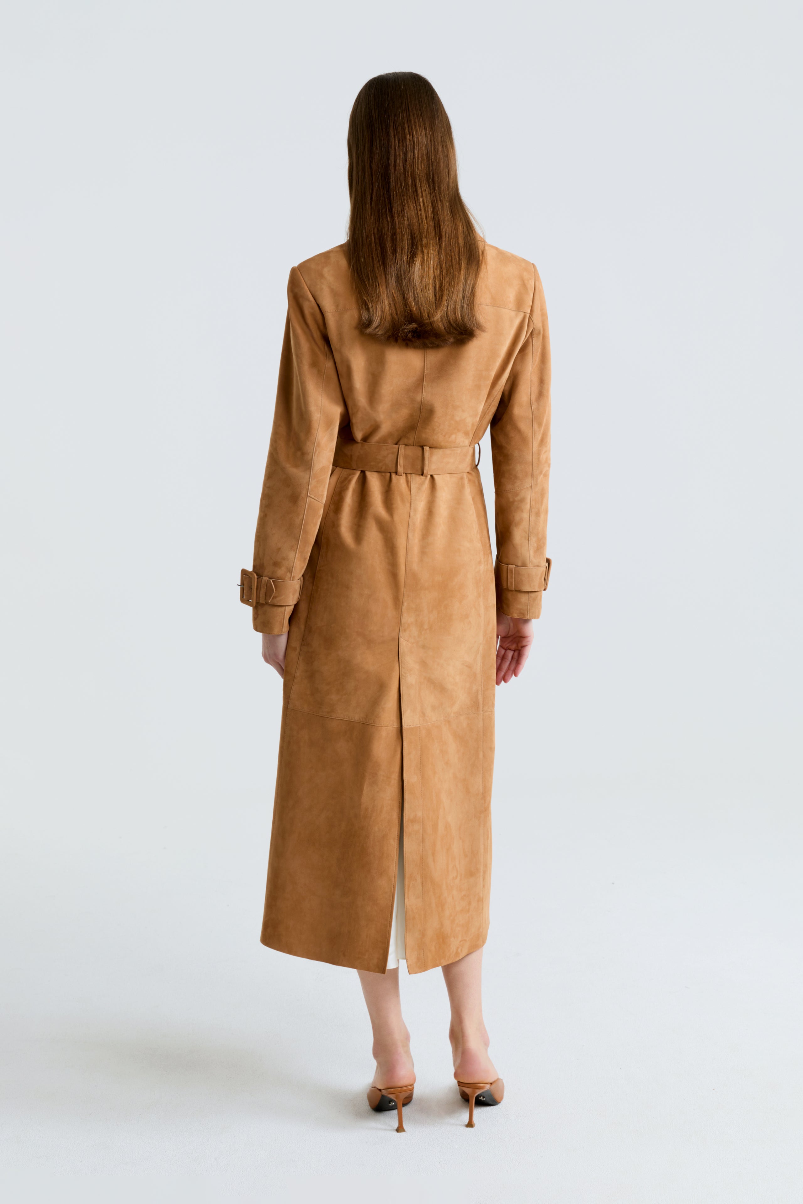 Model is wearing the Tate Beige Everyday Suede Trench Coat Back