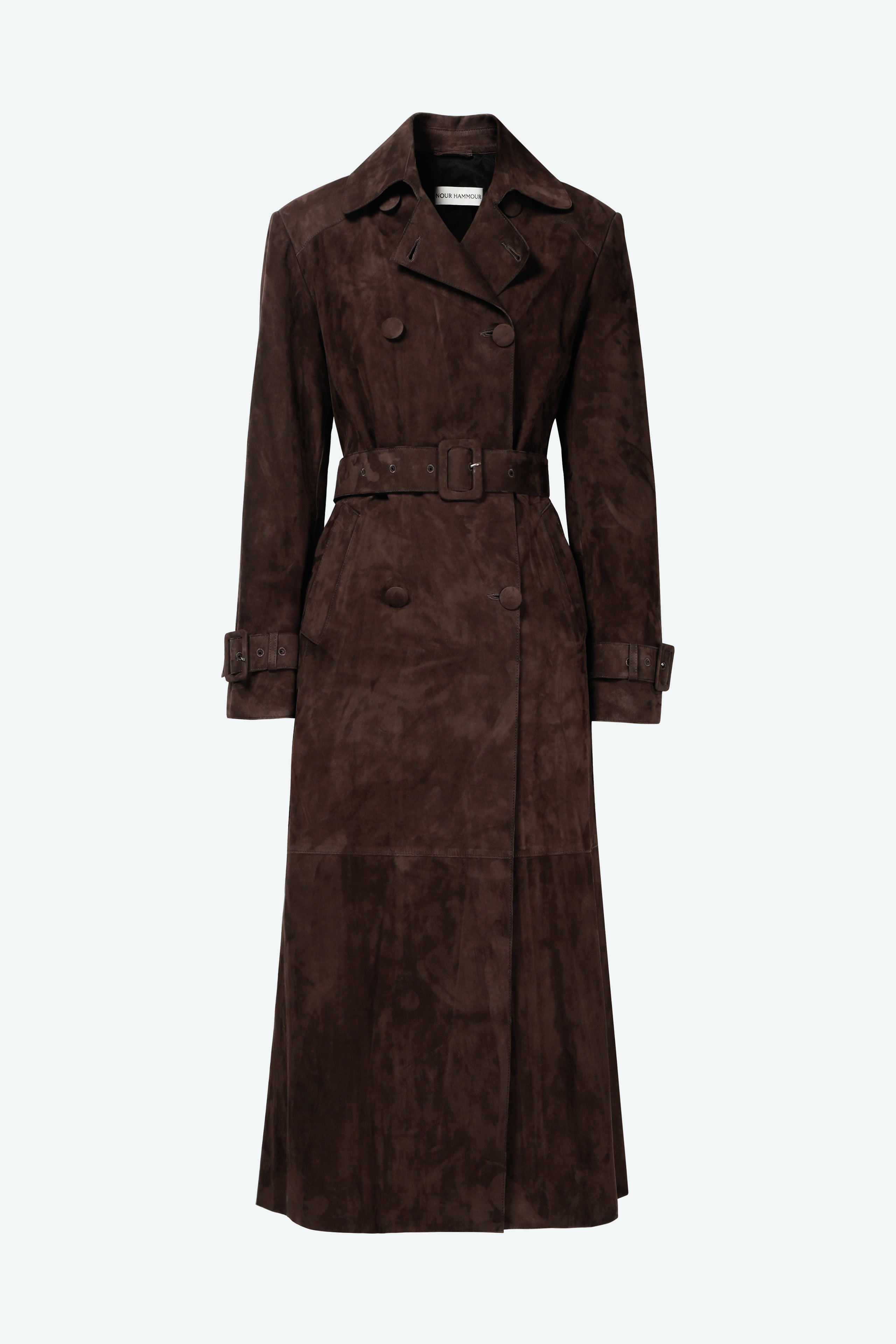 Nour Hammour's Tate Suede Trench Coat in mocha - Silhouette