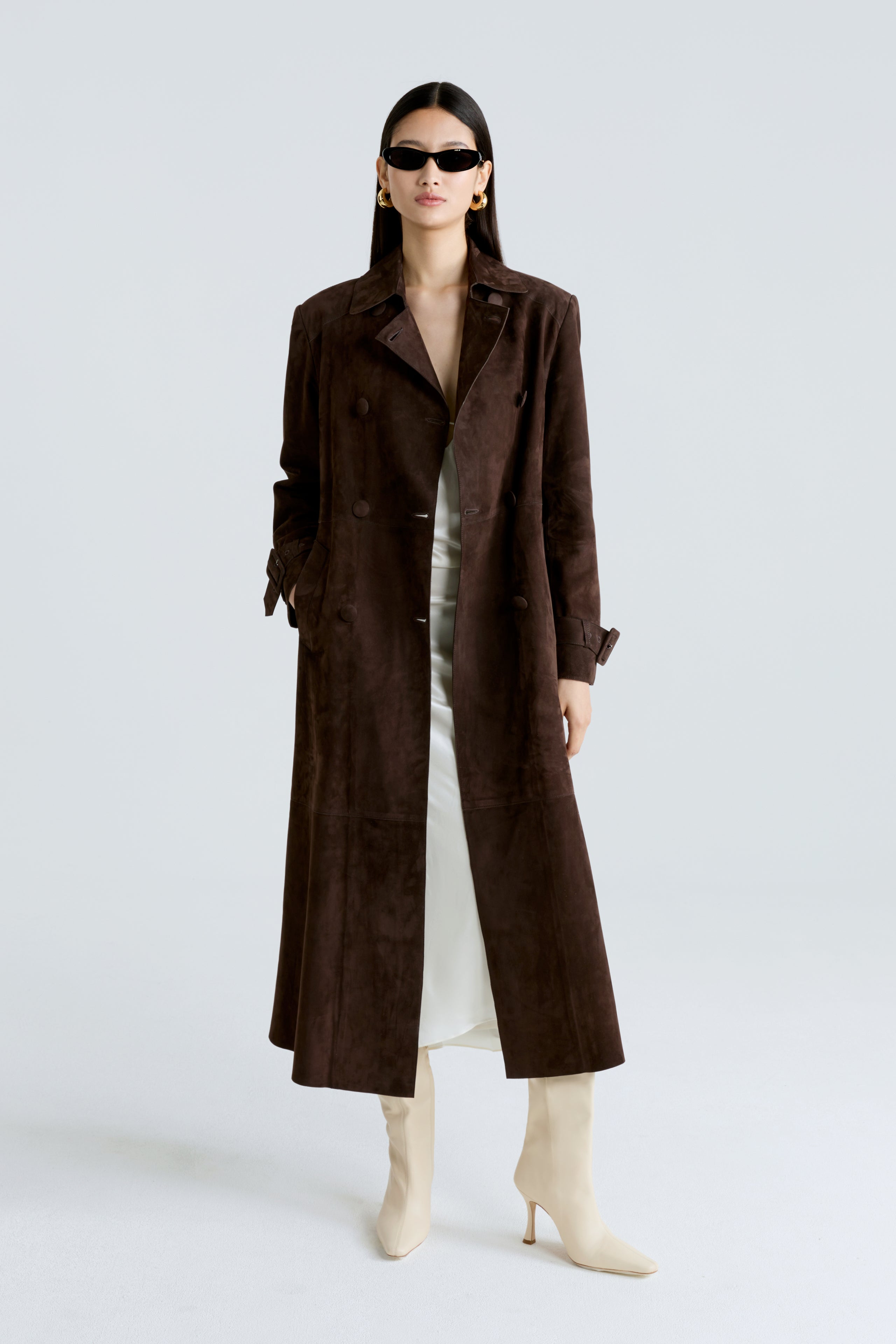 Model is wearing the Tate Mocha Everyday Suede Trench Coat Front