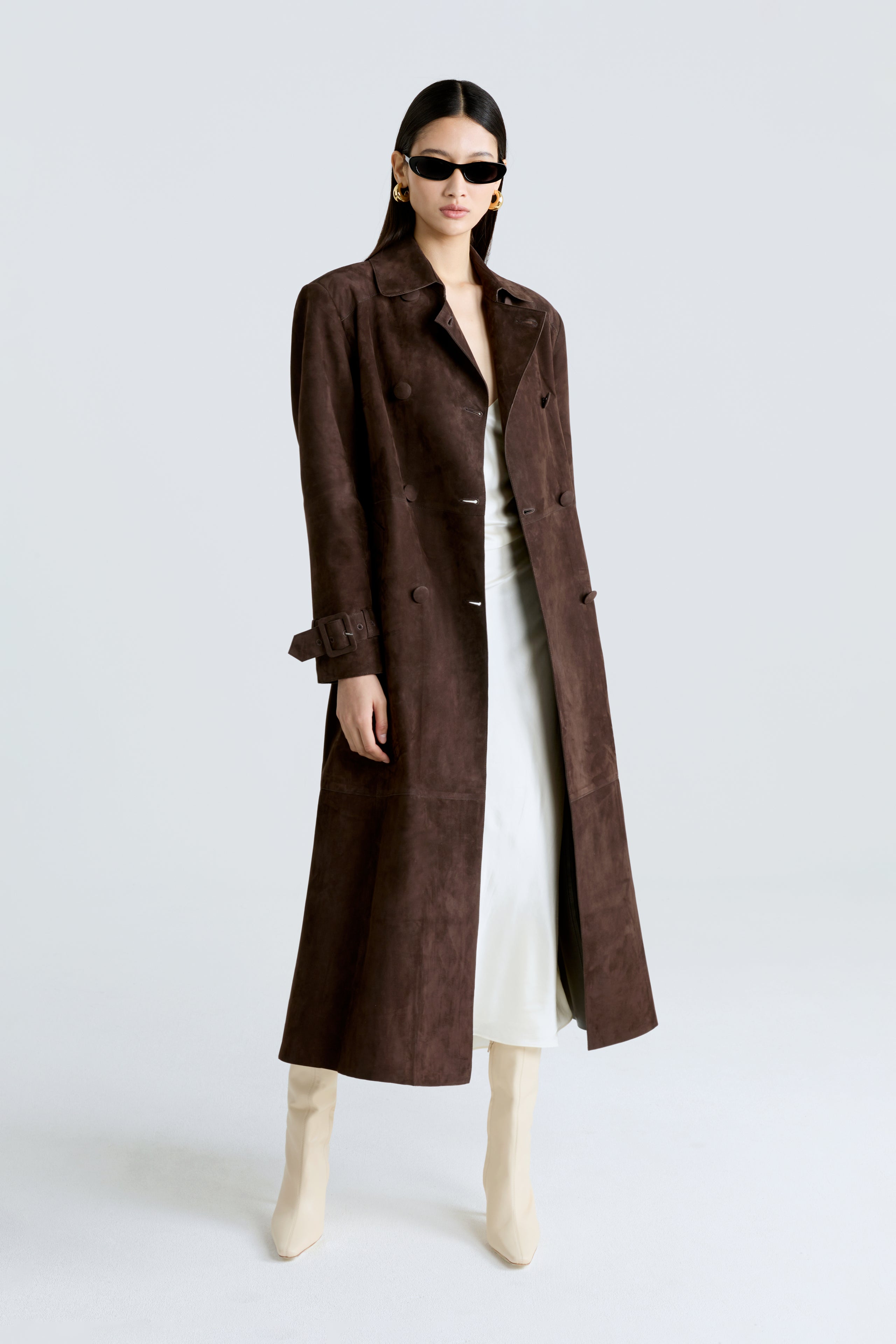 Model is wearing the Tate Mocha Everyday Suede Trench Coat Front