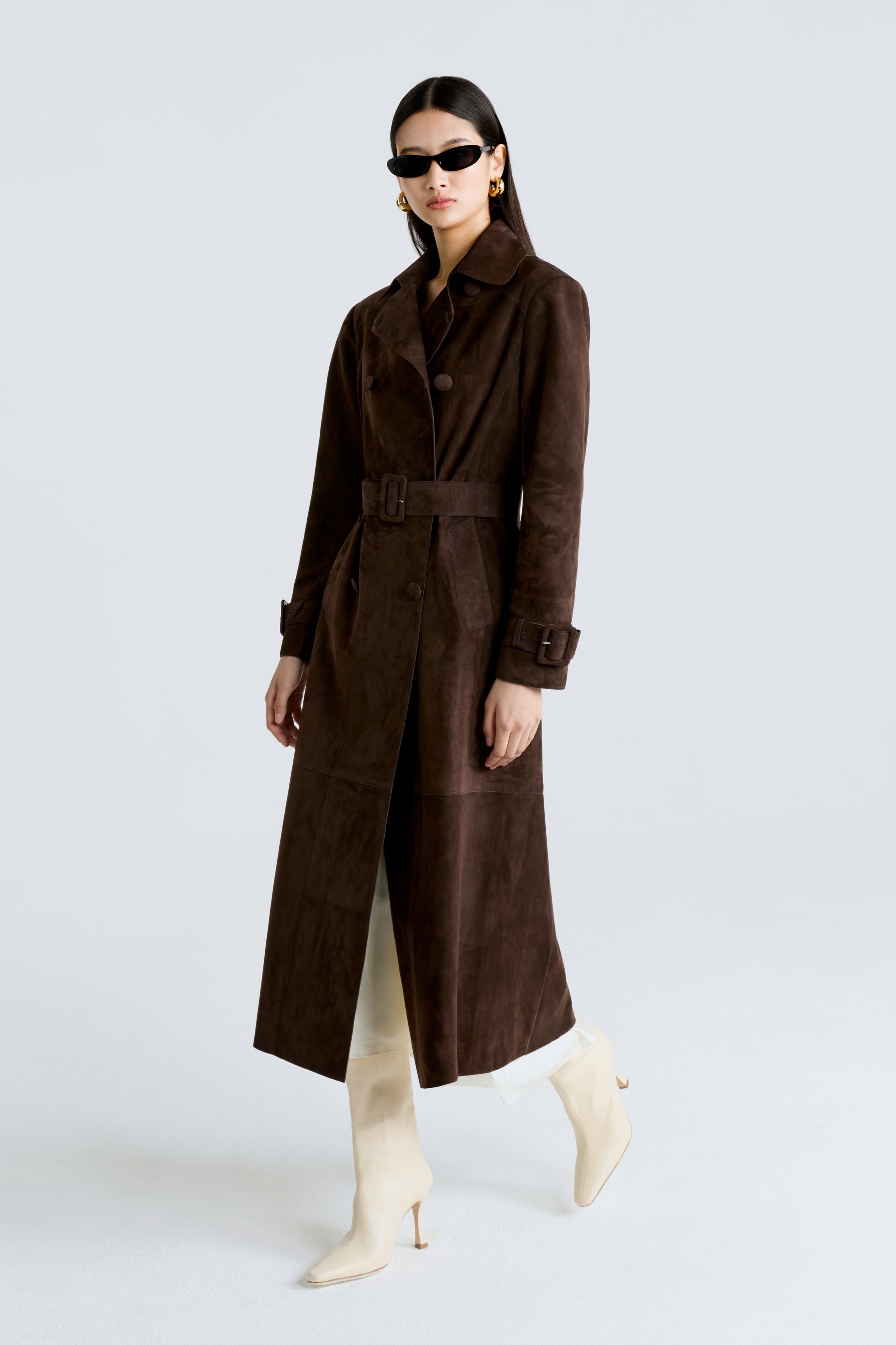 Model is wearing the Tate Mocha Everyday Suede Trench Coat Side