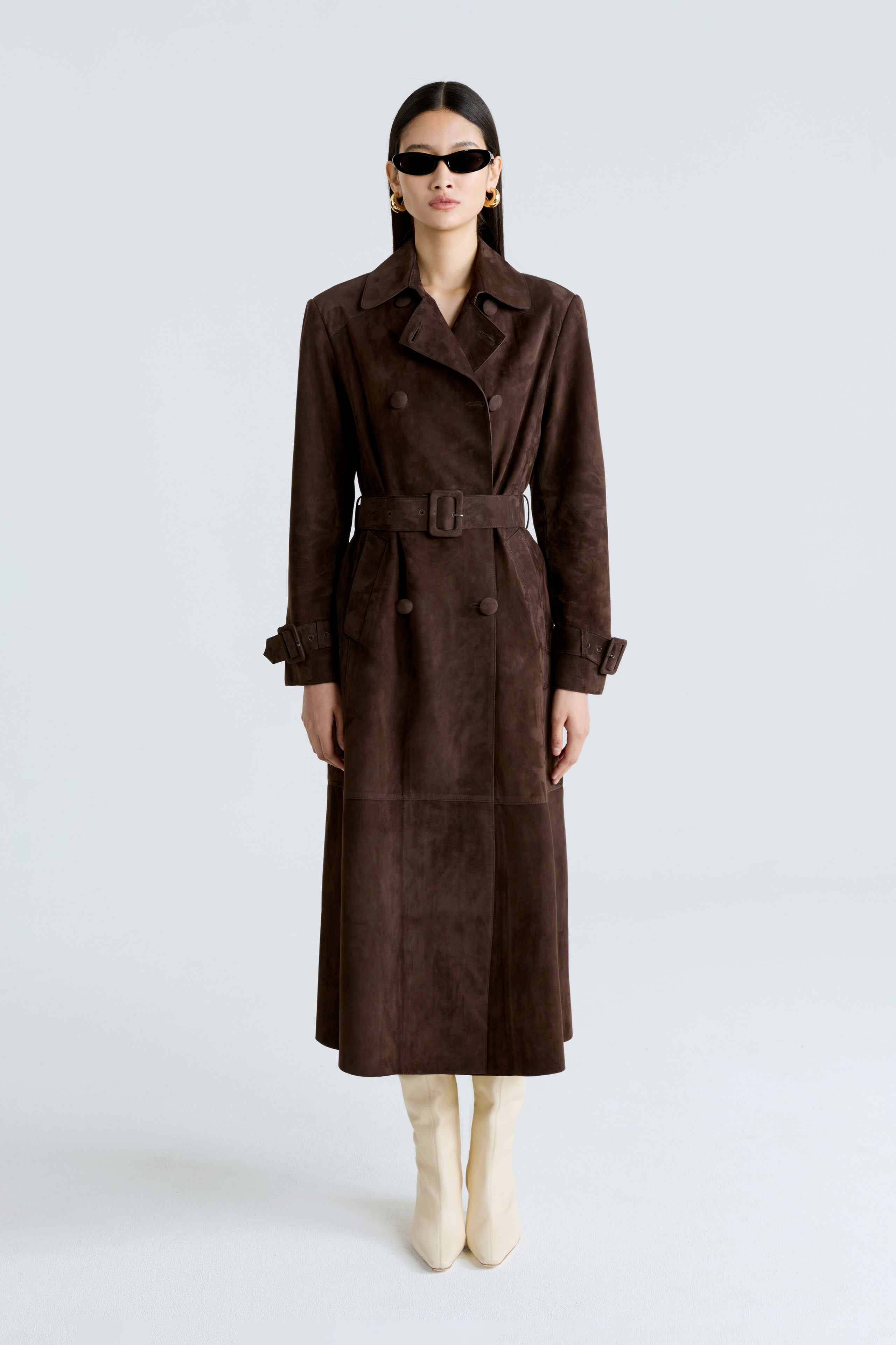 Model is wearing the Tate Mocha Everyday Suede Trench Coat Front