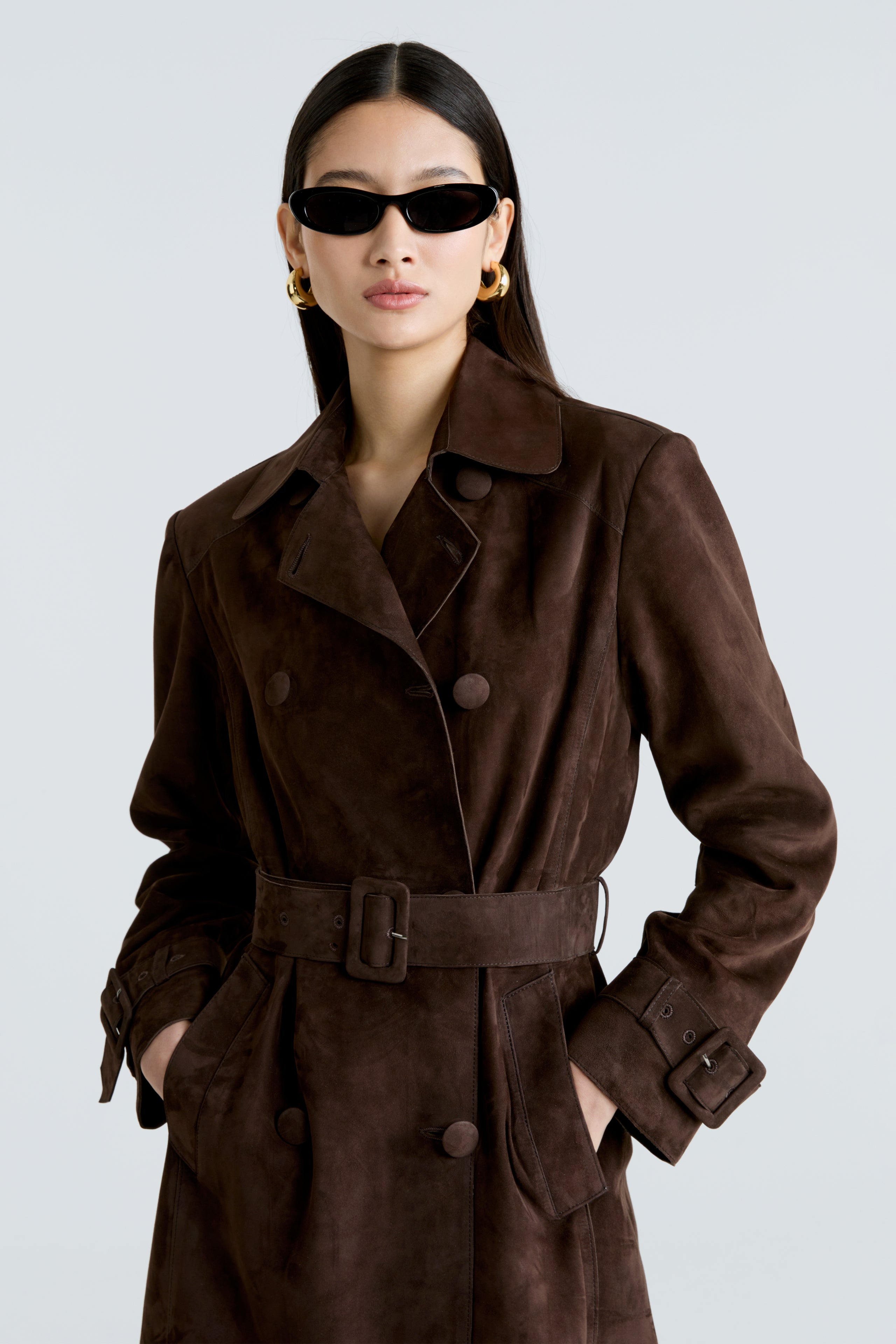 Model is wearing the Tate Mocha Everyday Suede Trench Coat Close Up