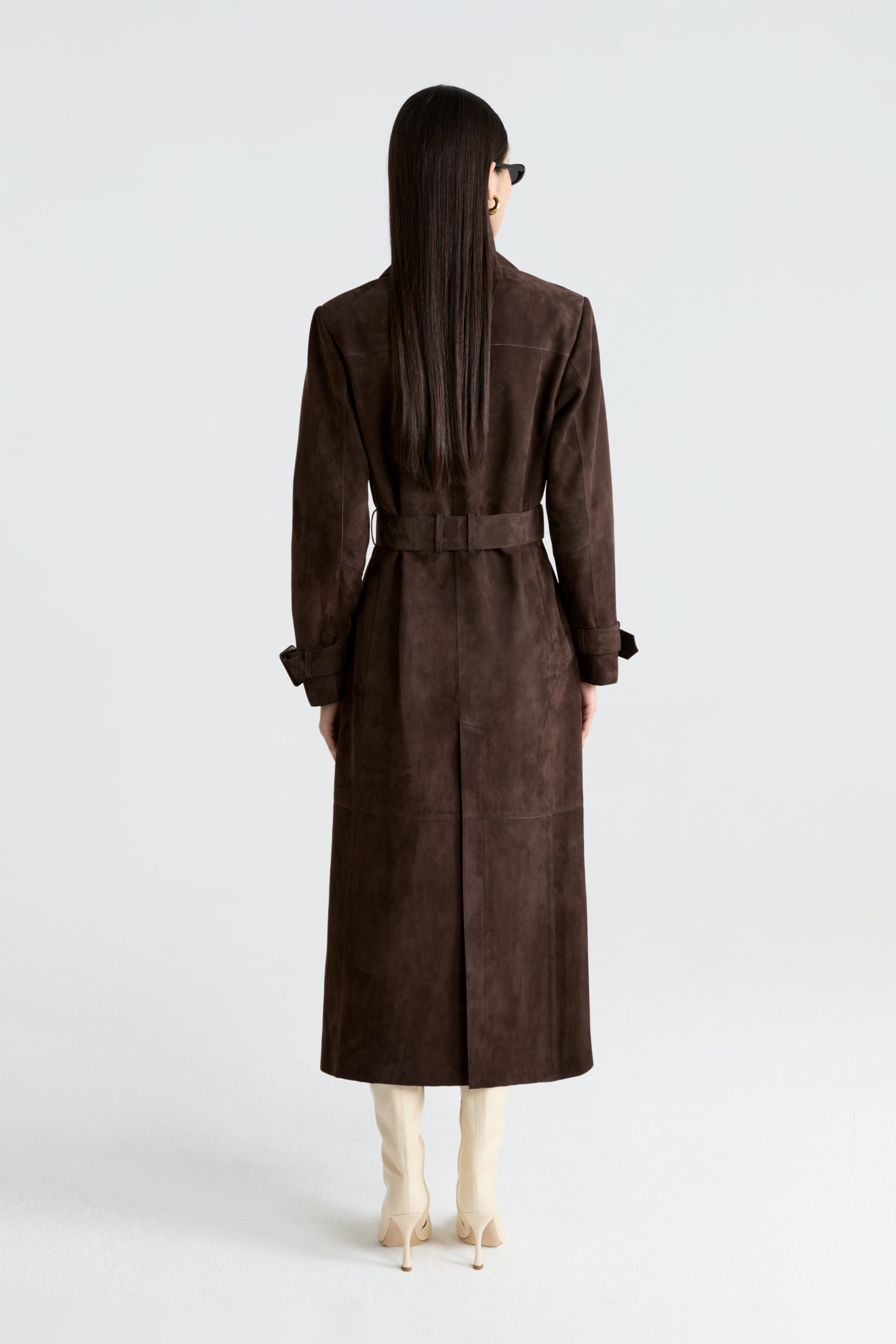 Model is wearing the Tate Mocha Everyday Suede Trench Coat Back