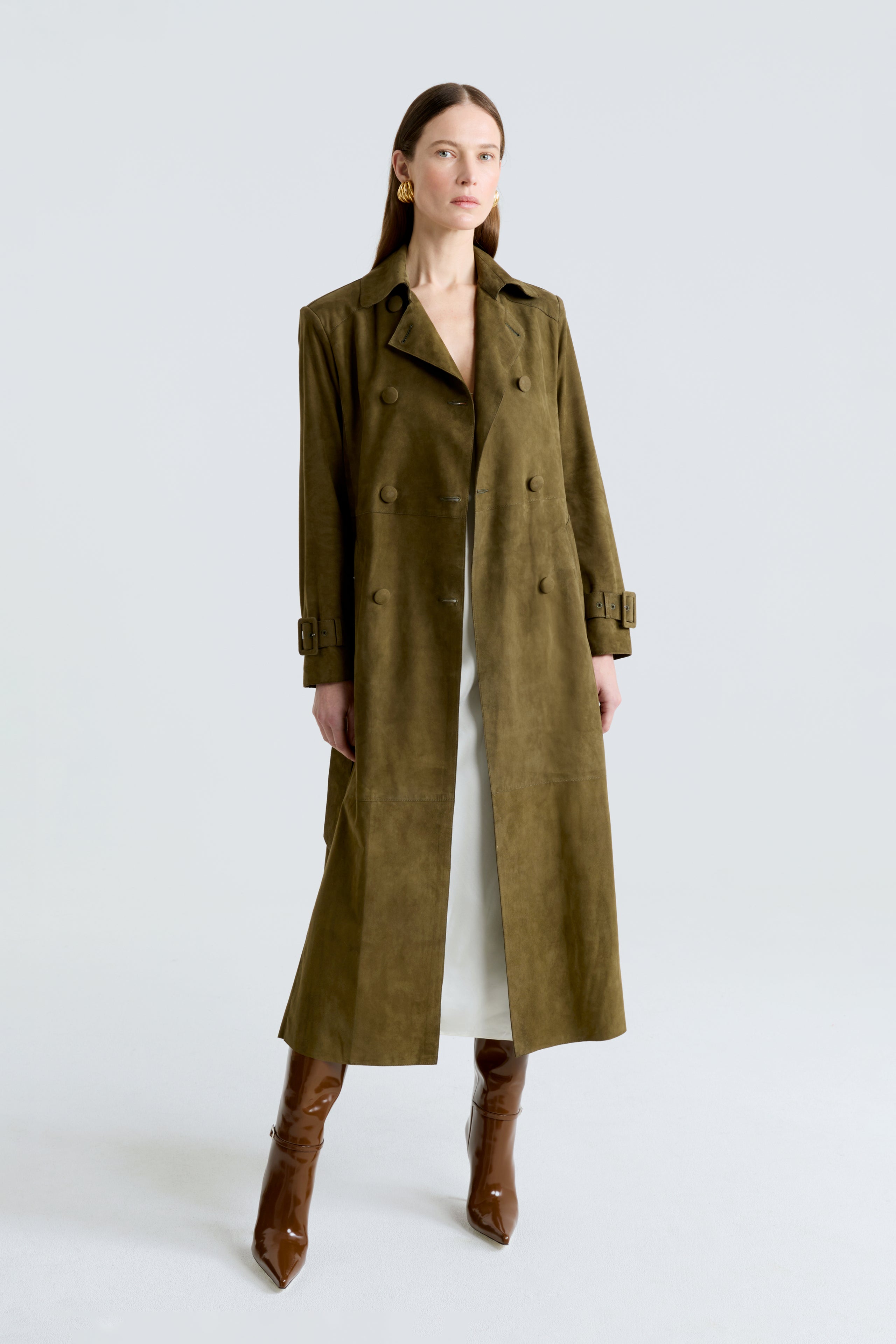 Model is wearing the Tate Olive Everyday Suede Trench Coat Front