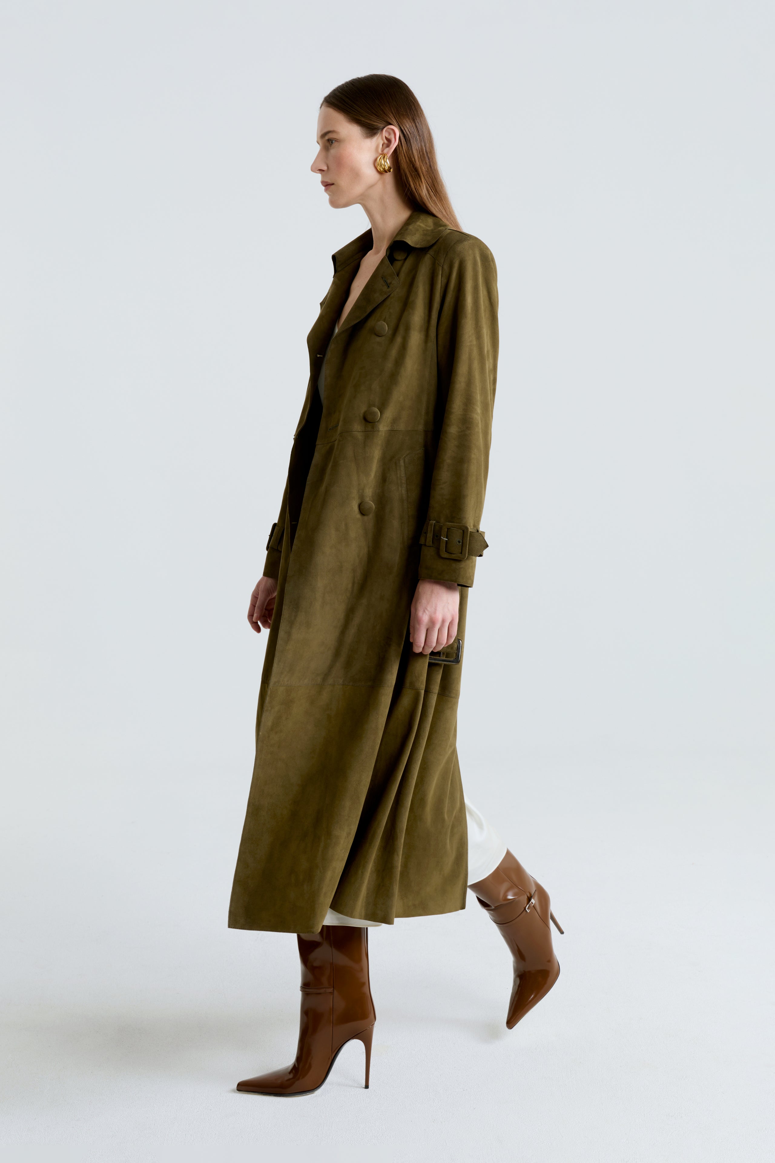 Model is wearing the Tate Olive Everyday Suede Trench Coat Side