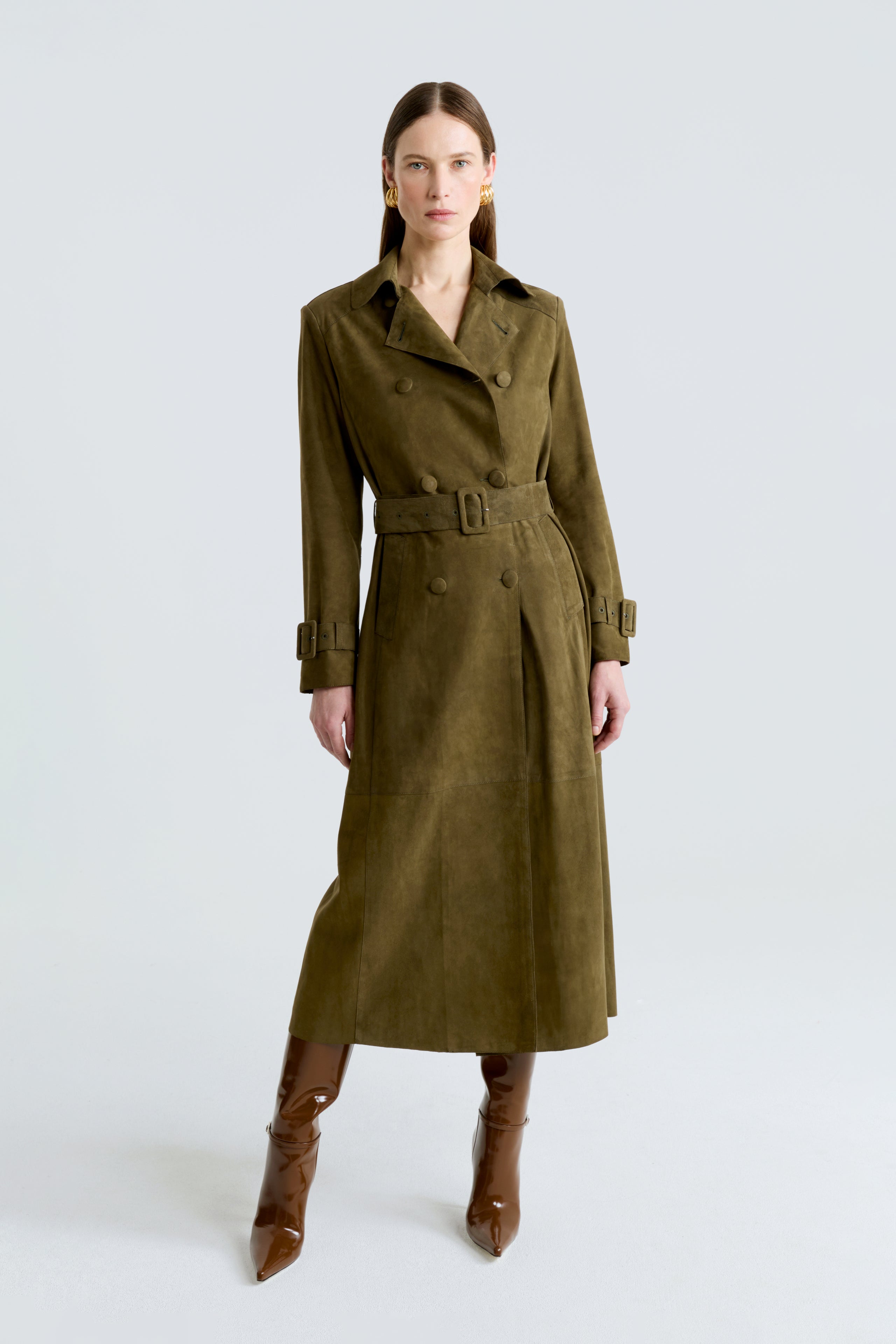 Model is wearing the Tate Olive Everyday Suede Trench Coat Front