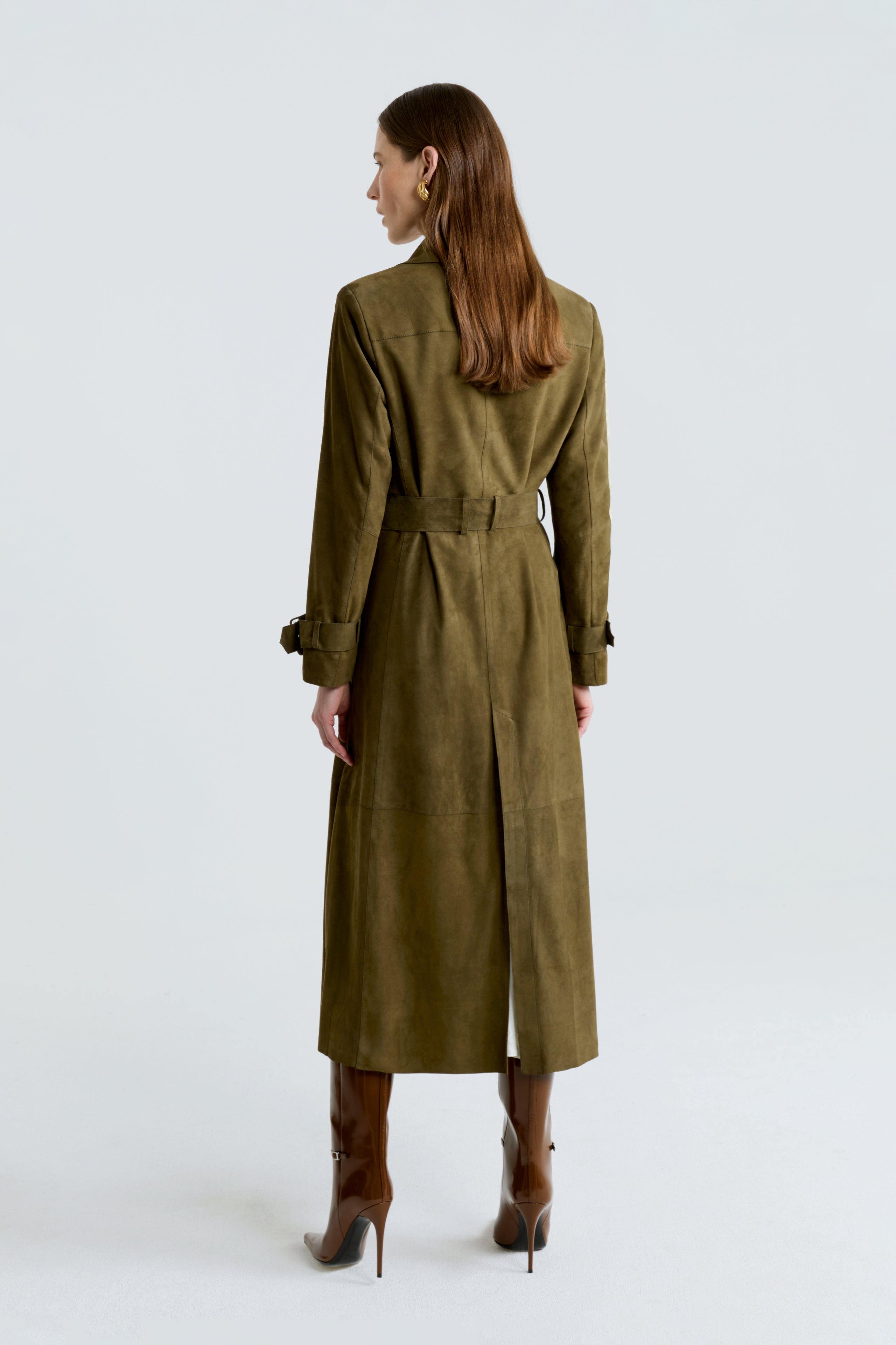 Model is wearing the Tate Olive Everyday Suede Trench Coat Back