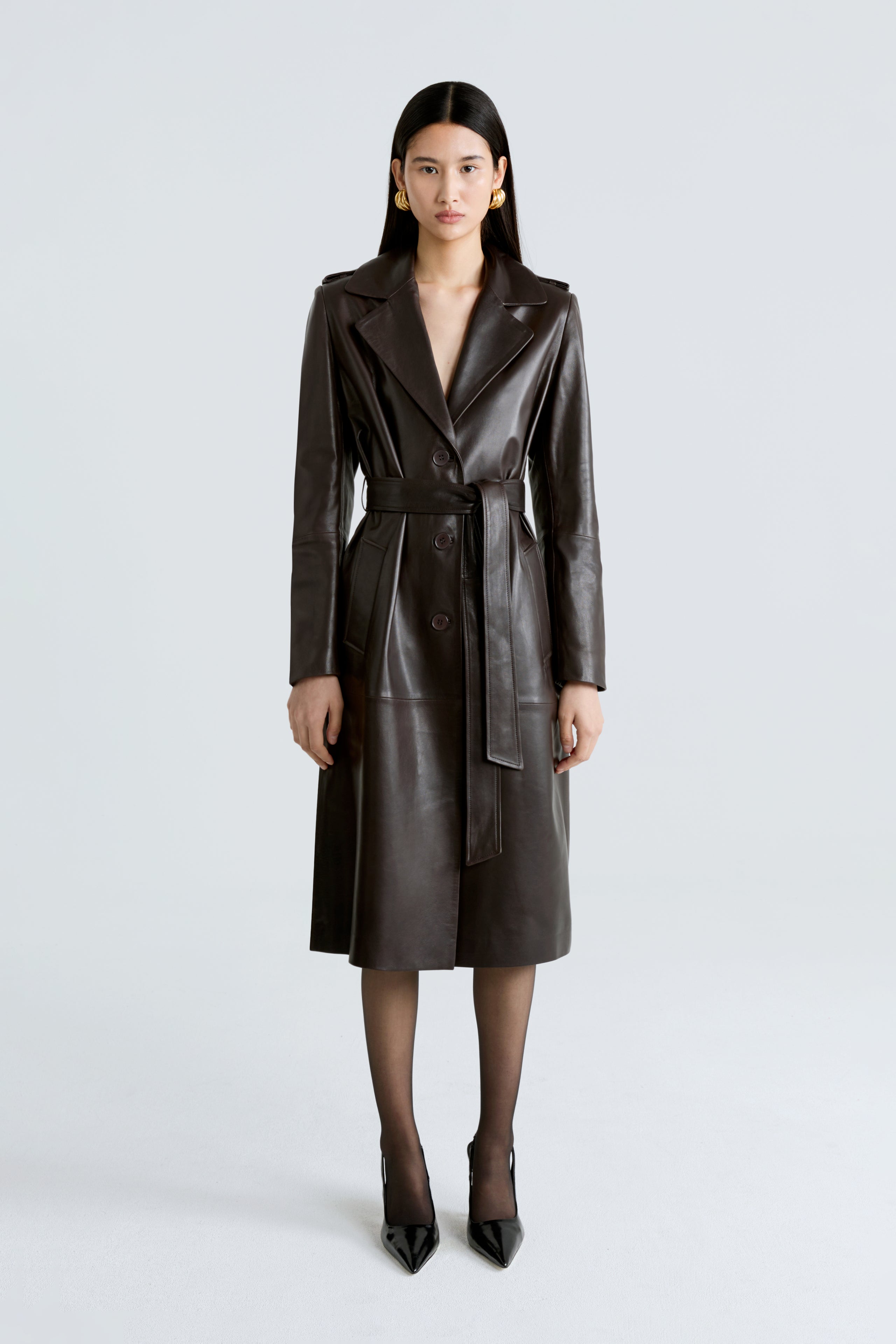 Model is wearing the Marla Chocolat Fondant Belted Leather Coat Front