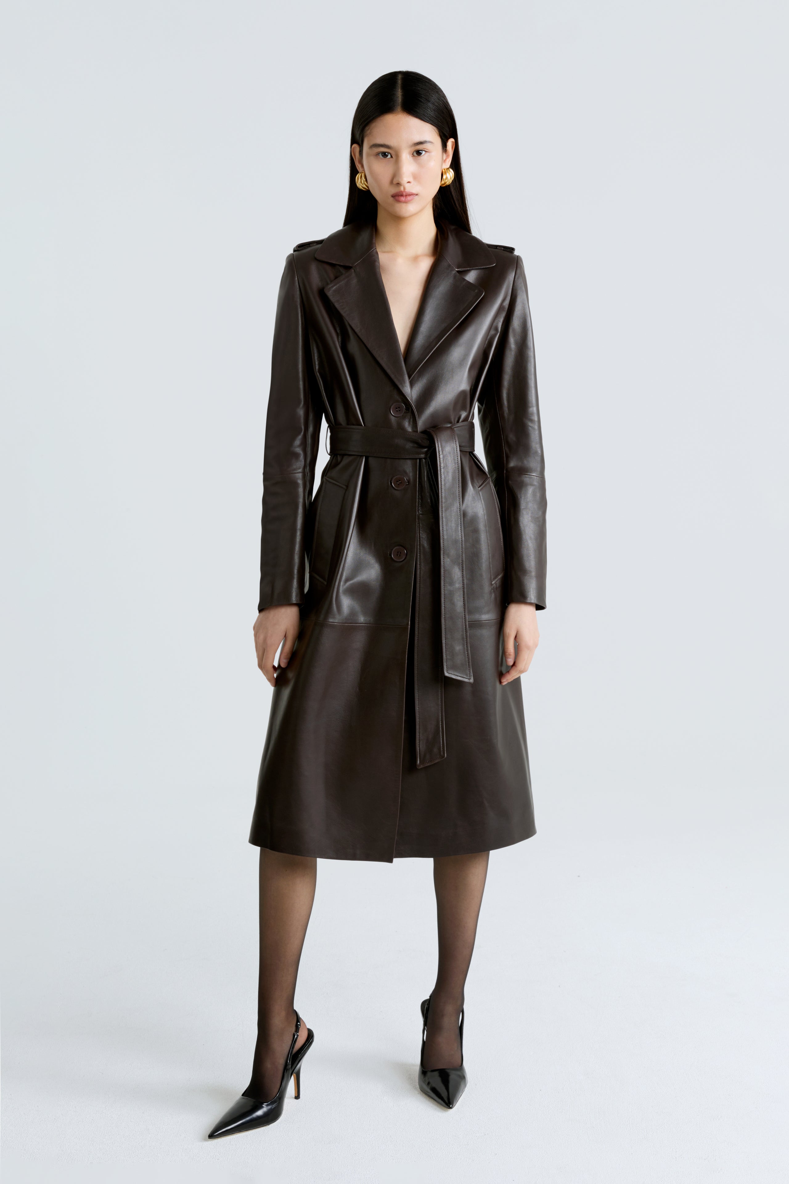 Model is wearing the Marla Chocolat Fondant Belted Leather Coat Front