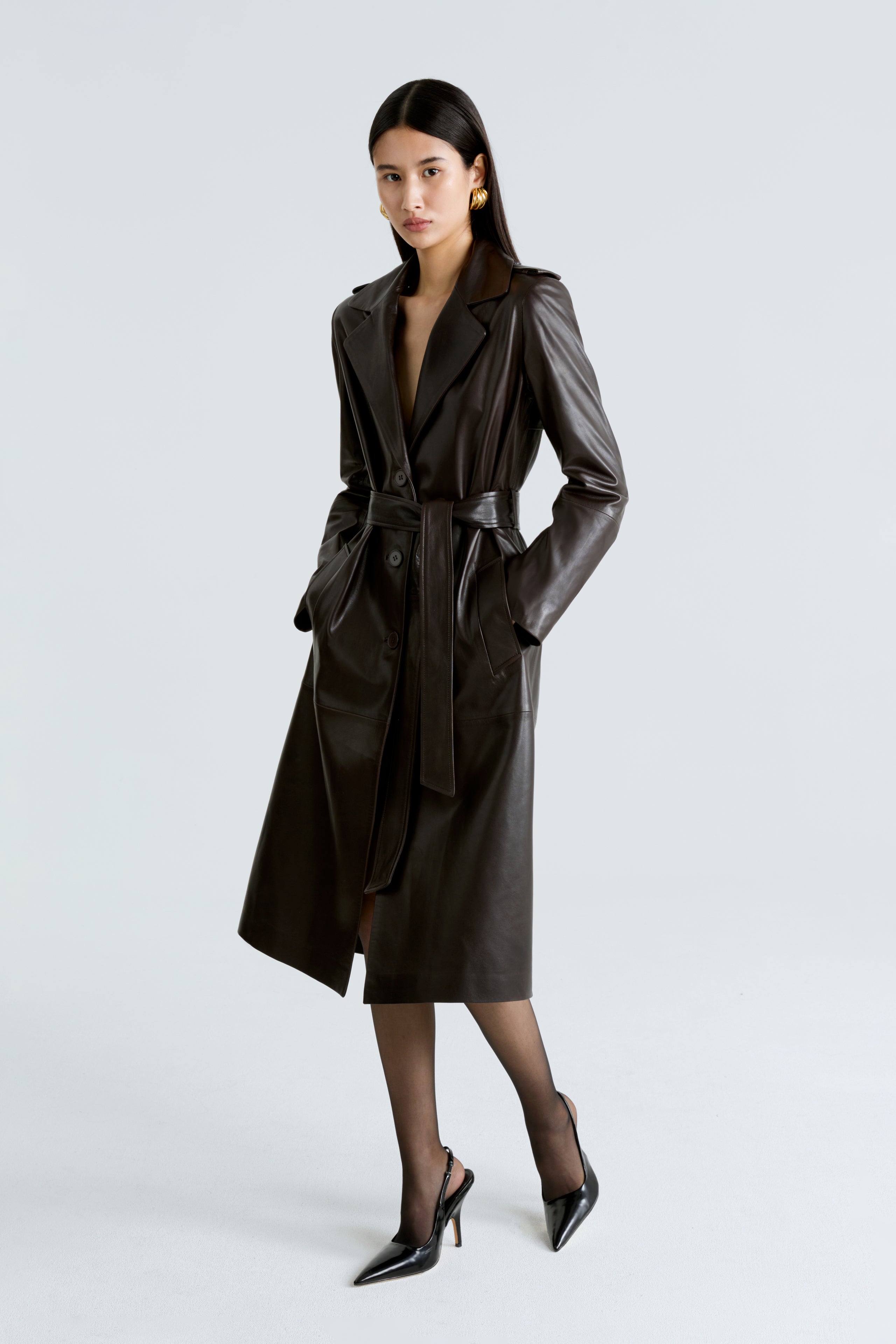 Model is wearing the Marla Chocolat Fondant Belted Leather Coat Side