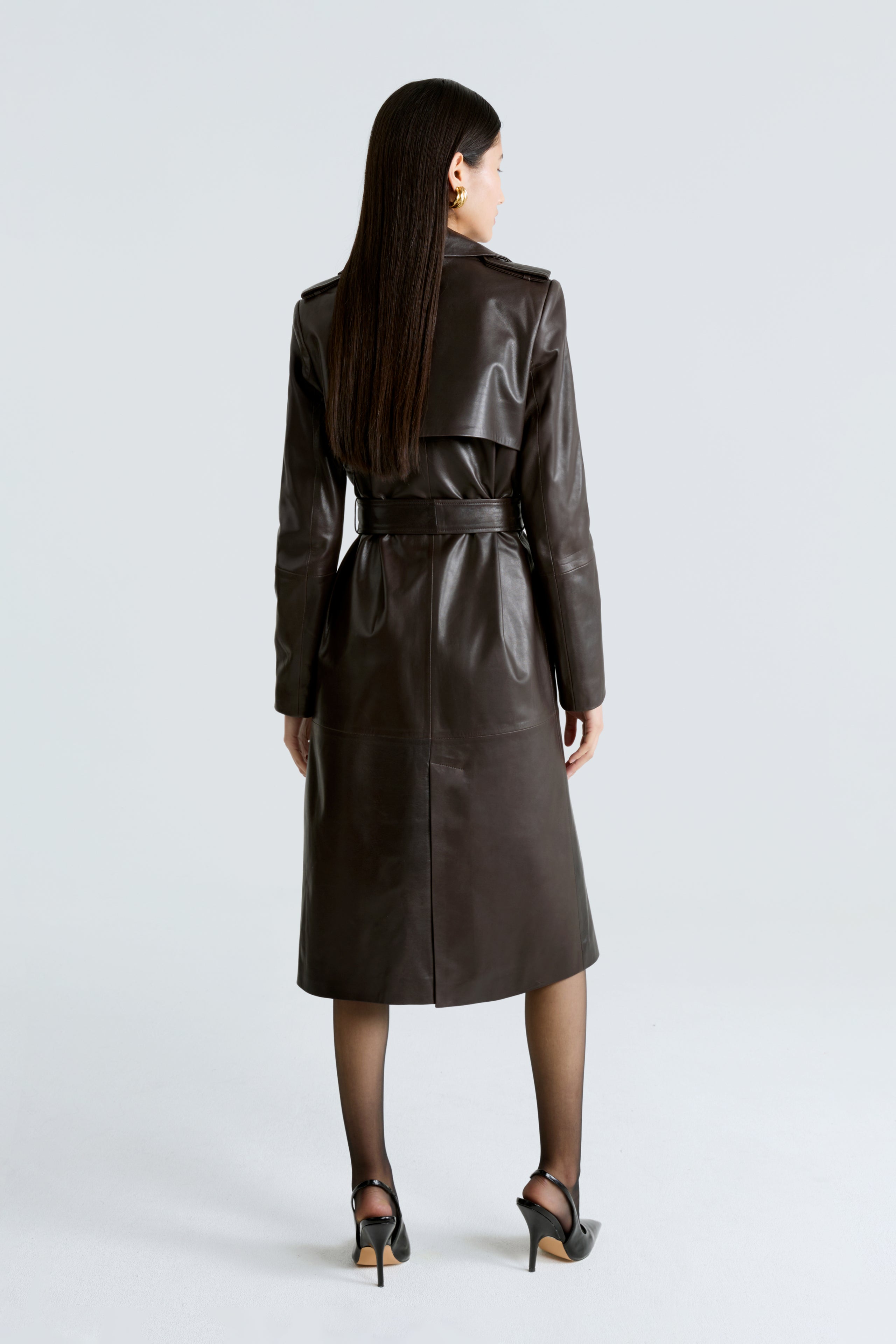 Model is wearing the Marla Chocolat Fondant Belted Leather Coat Back