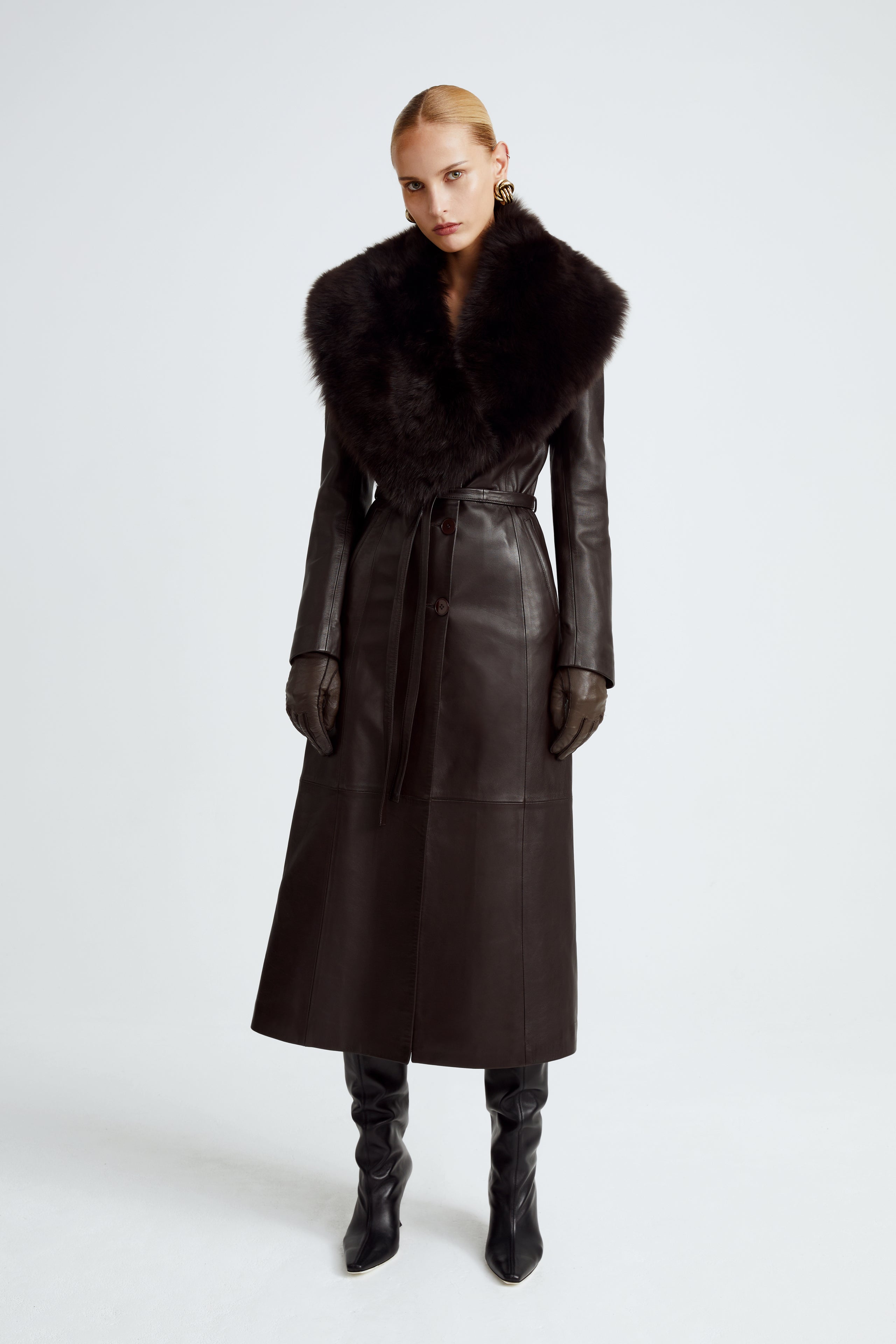 Model is wearing the Wallace Chocolat Fondant Shearling Collar Leather Coat Front