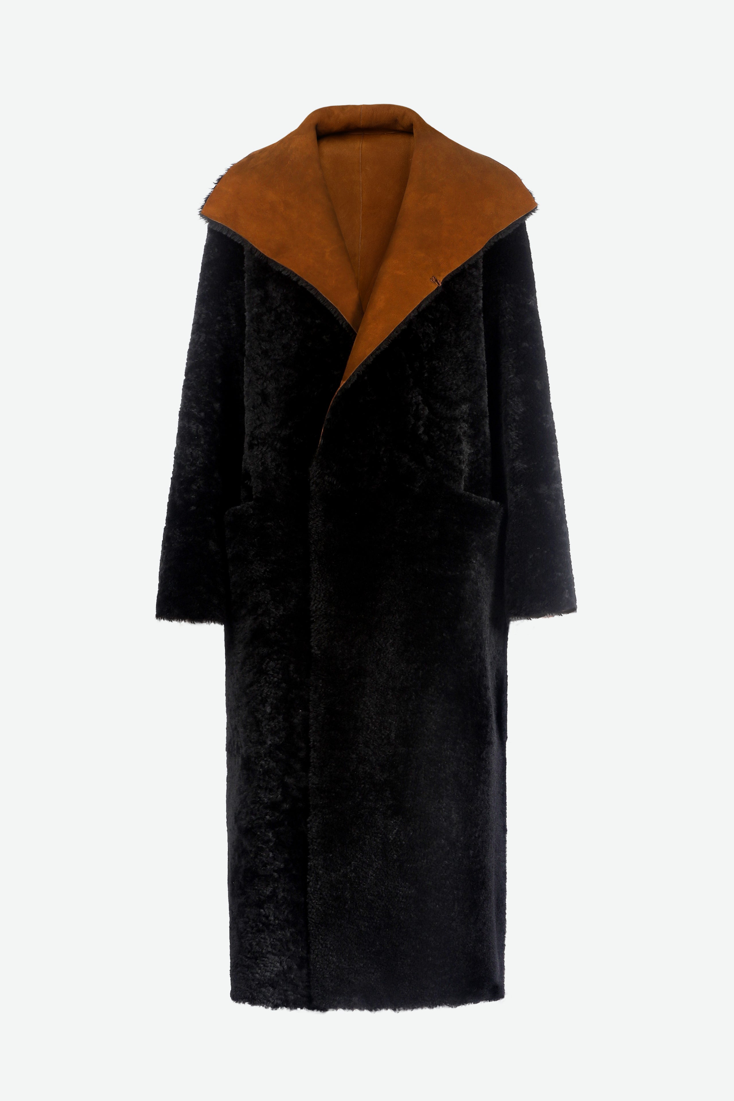 Birthday Coat Cognac Black Draped Shearling Coat Packshot