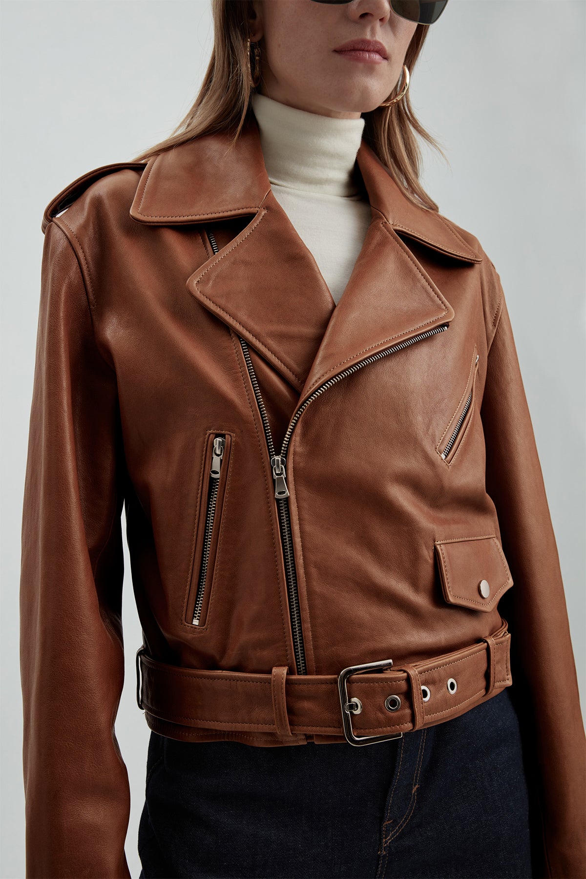 Model is wearing the Trapp Toffee Leather Motorcycle Jacket Close Up