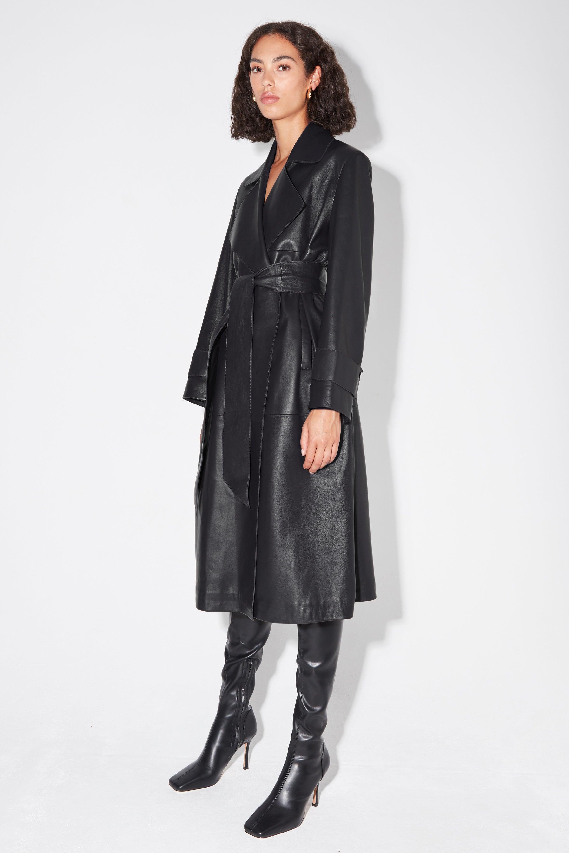 Fleece & Faux Leather Long Wrap Jacket Very Black/Very Black