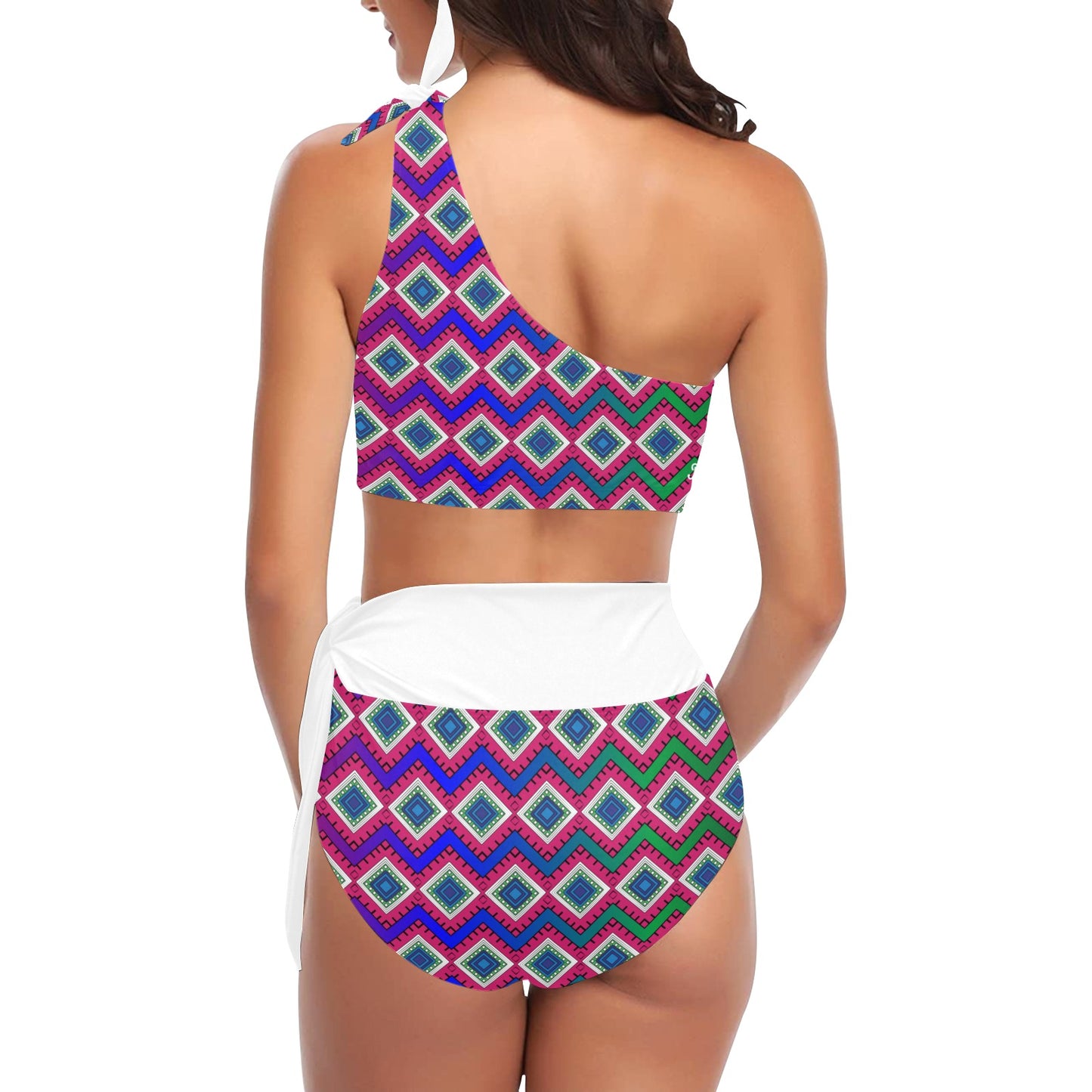 Quadrangle Print One Shoulder High Waist Bikini