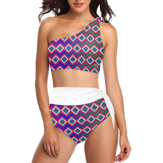 Quadrangle Print One Shoulder High Waist Bikini