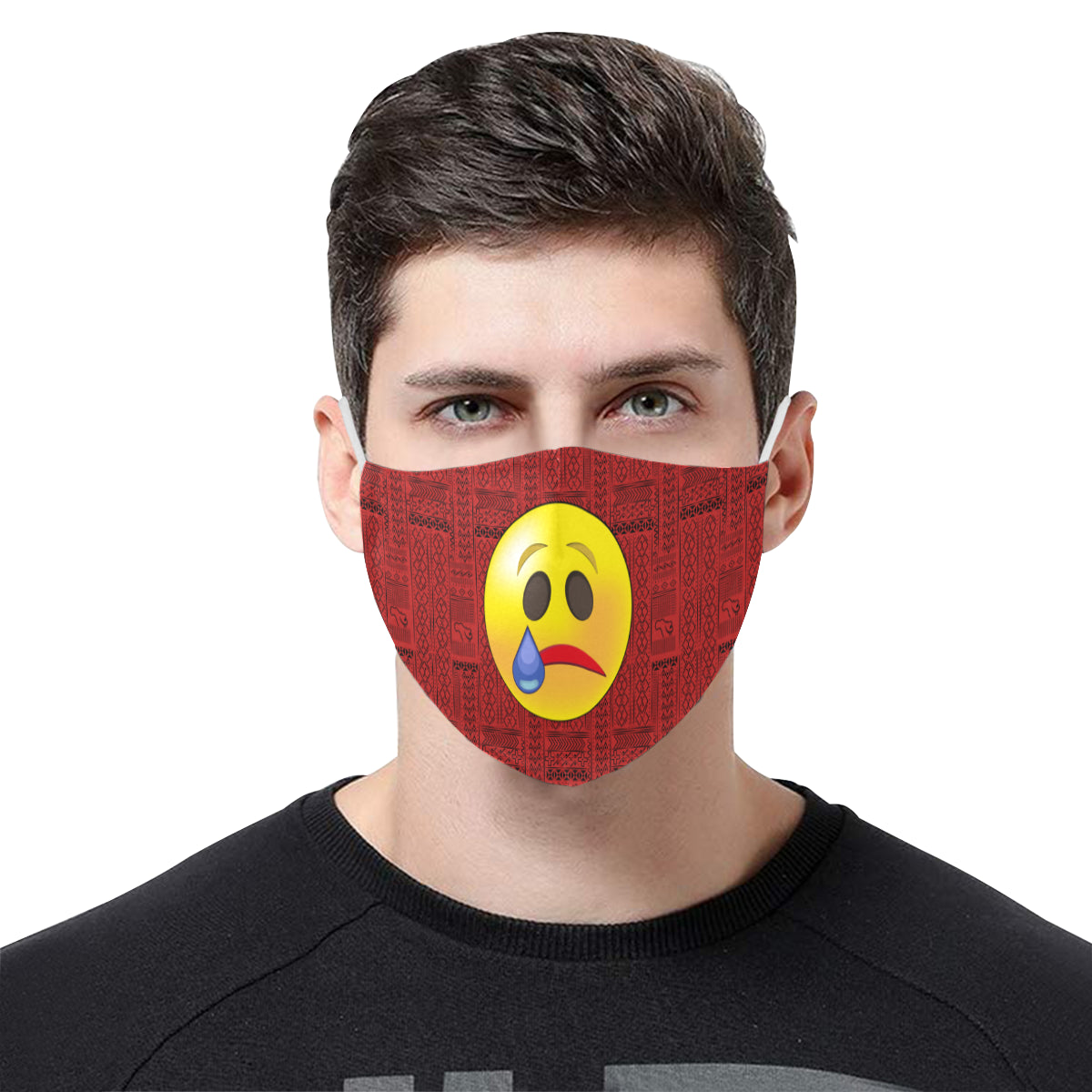 Crying Tribal Print Emoji Cotton Fabric Face Mask with Filter Slot and Adjustable Strap - Non-medical use (2 Filters Included)