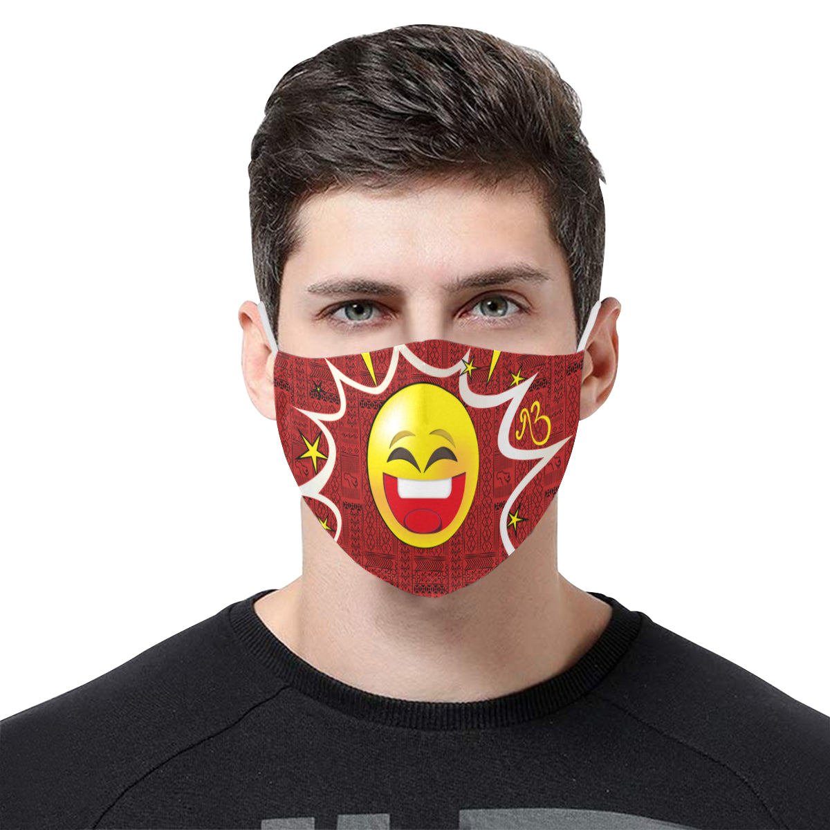 Grin Tribal Print Comic Emoji Cotton Fabric Face Mask with Filter Slot and Adjustable Strap - Non-medical use (2 Filters Included)