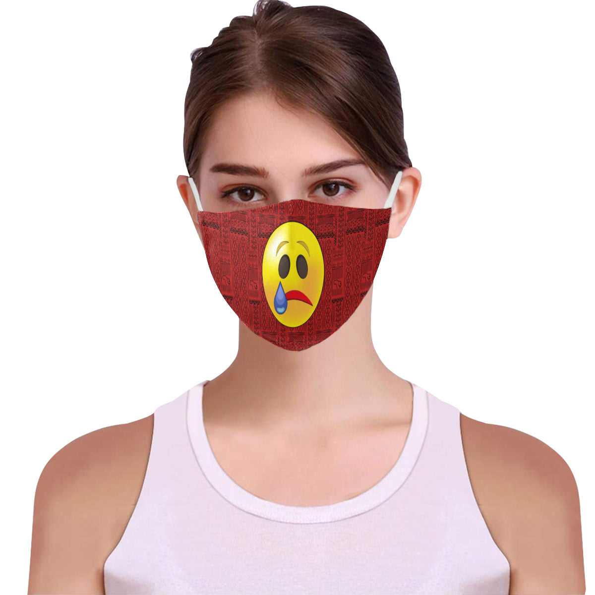 Crying Tribal Print Emoji Cotton Fabric Face Mask with Filter Slot and Adjustable Strap - Non-medical use (2 Filters Included)