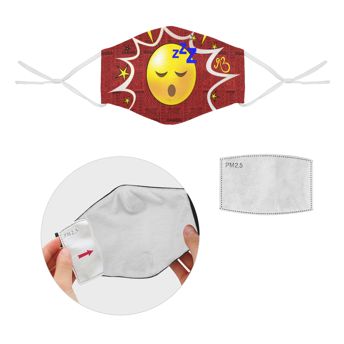 I'm Tired! Tribal Print Comic Emoji Cotton Fabric Face Mask with Filter Slot and Adjustable Strap - Non-medical use (2 Filters Included)