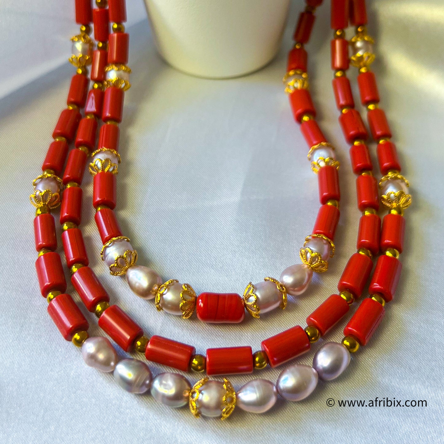 Emotan Pearl and Coral Necklace 3 Piece set.